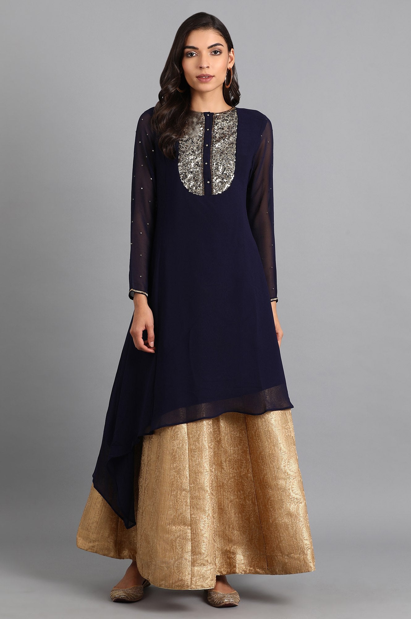 Navy Blue Round Neck Embroidered kurta