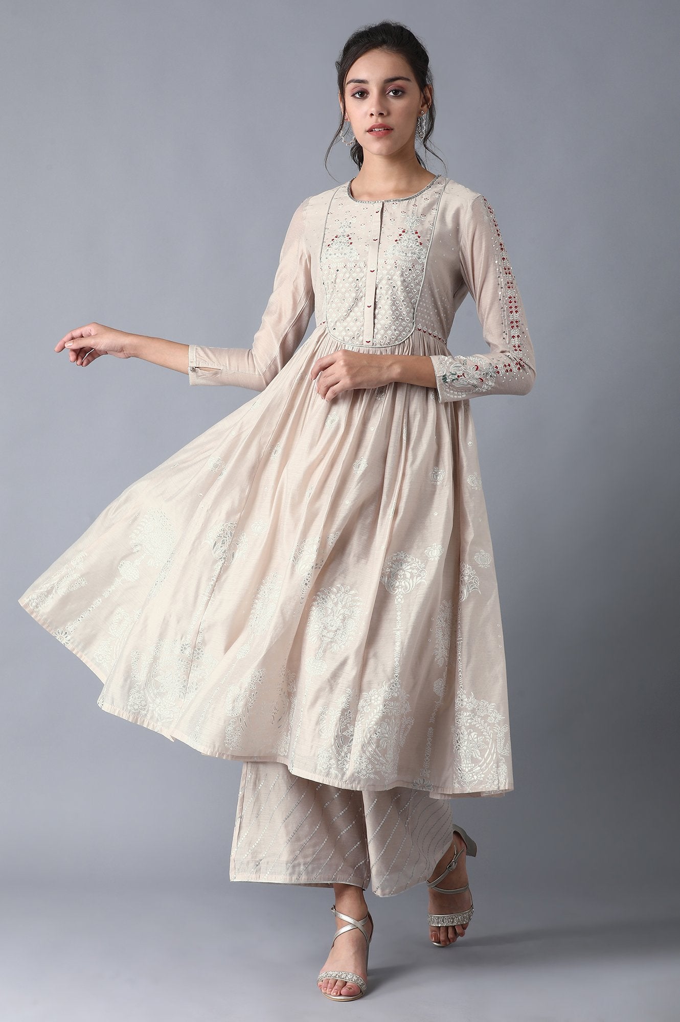 Beige Round Neck Printed kurta