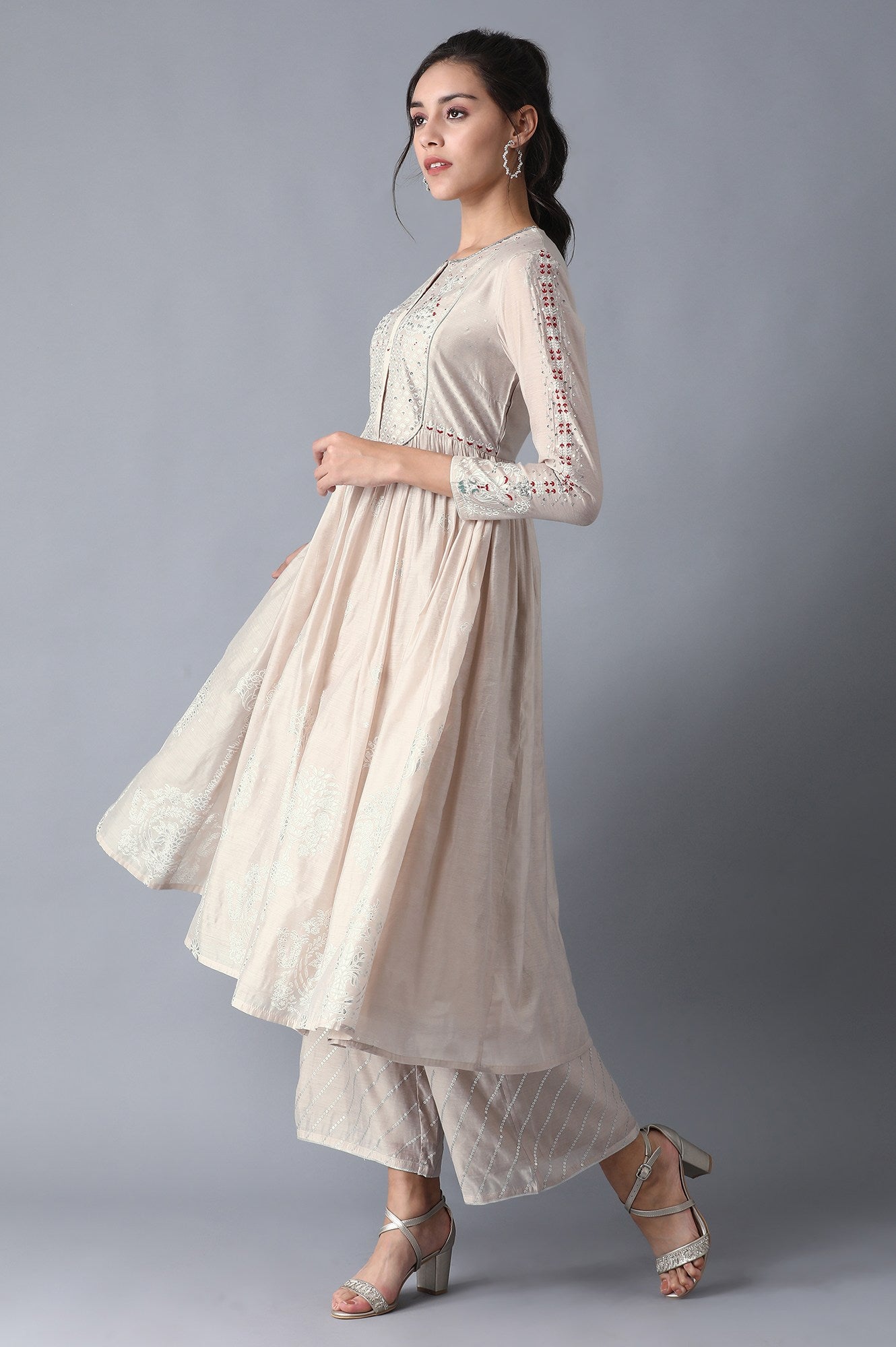 Beige Round Neck Printed kurta