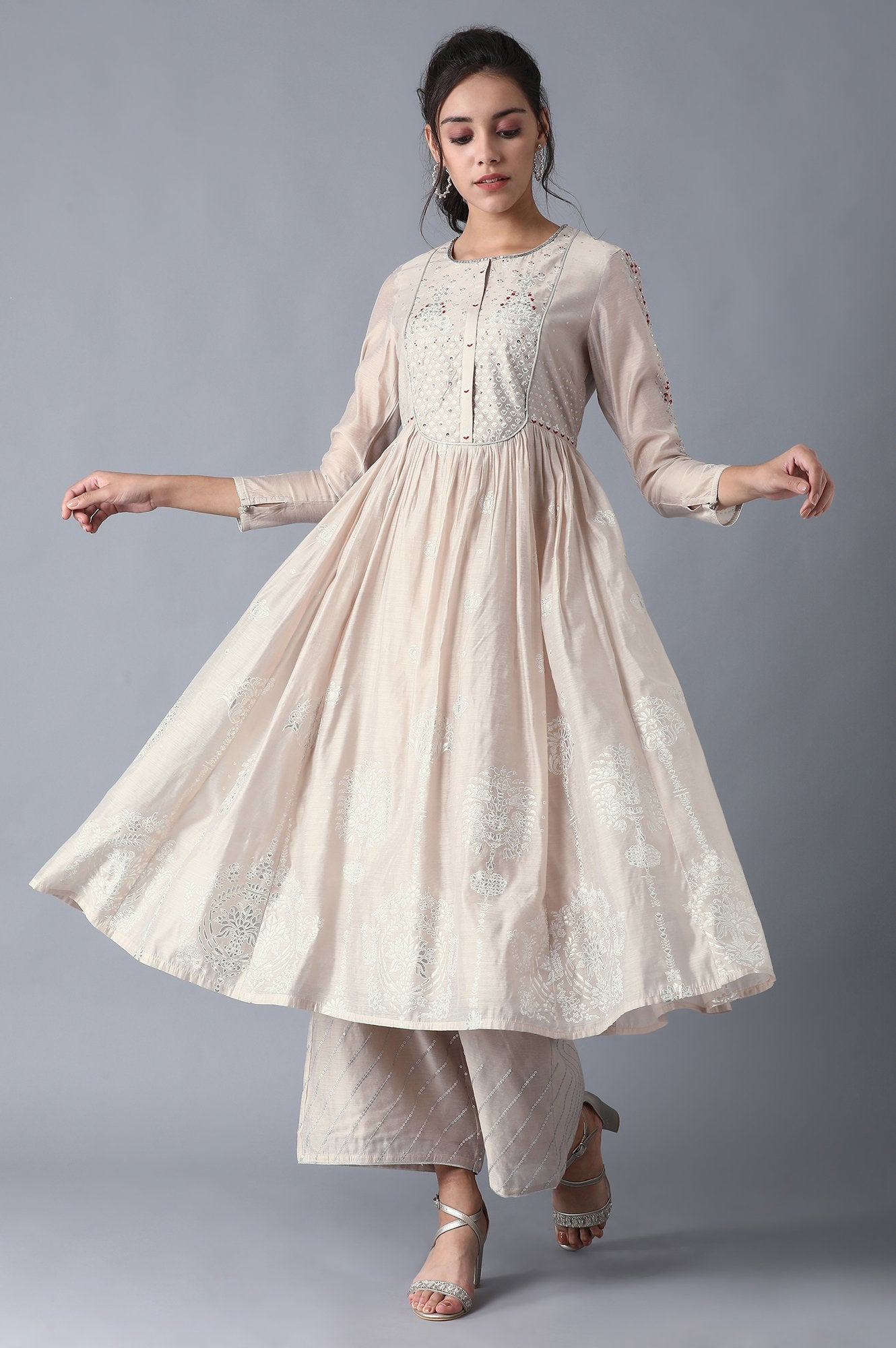 Beige Round Neck Printed kurta