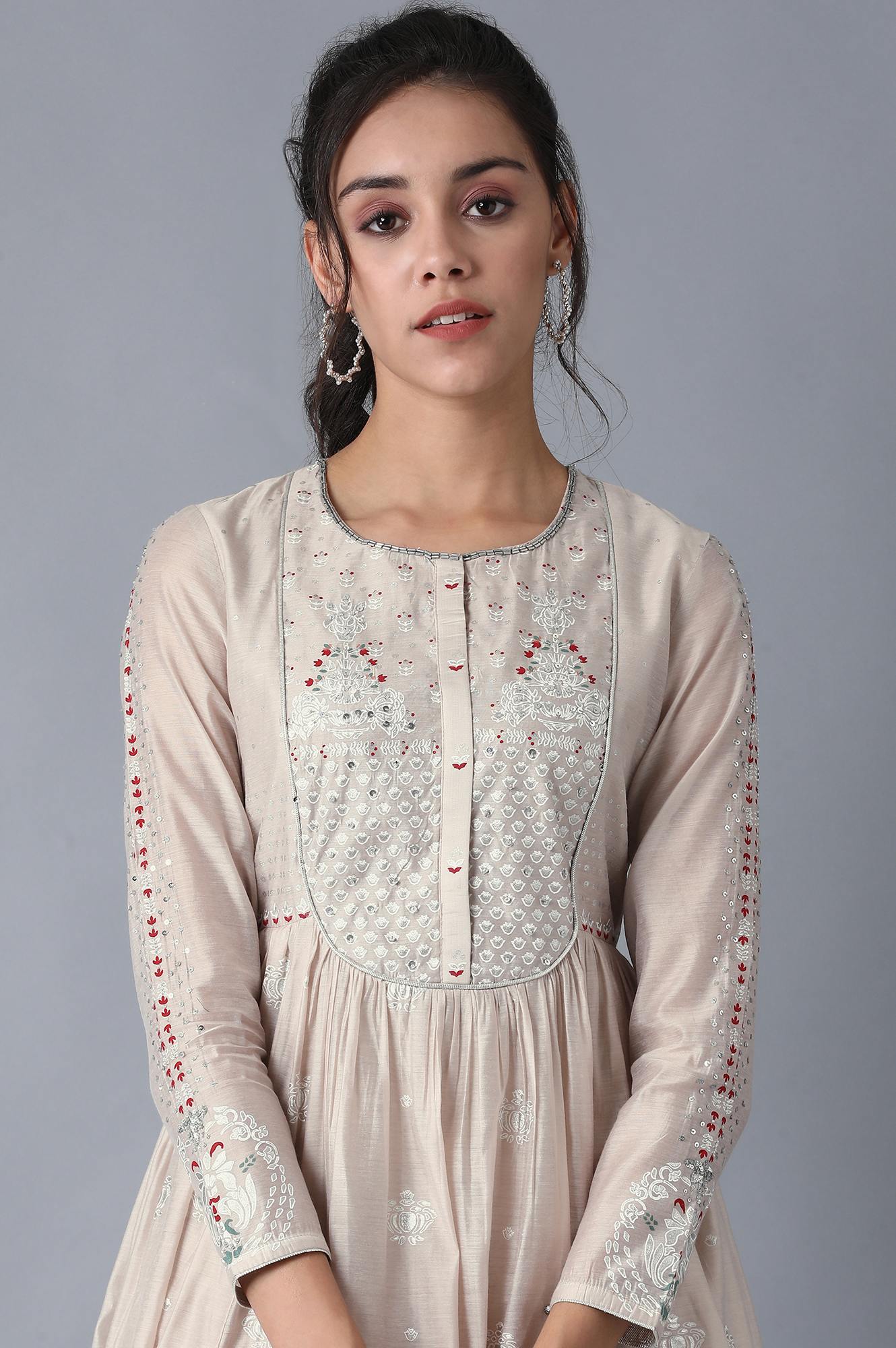 Beige Round Neck Printed kurta
