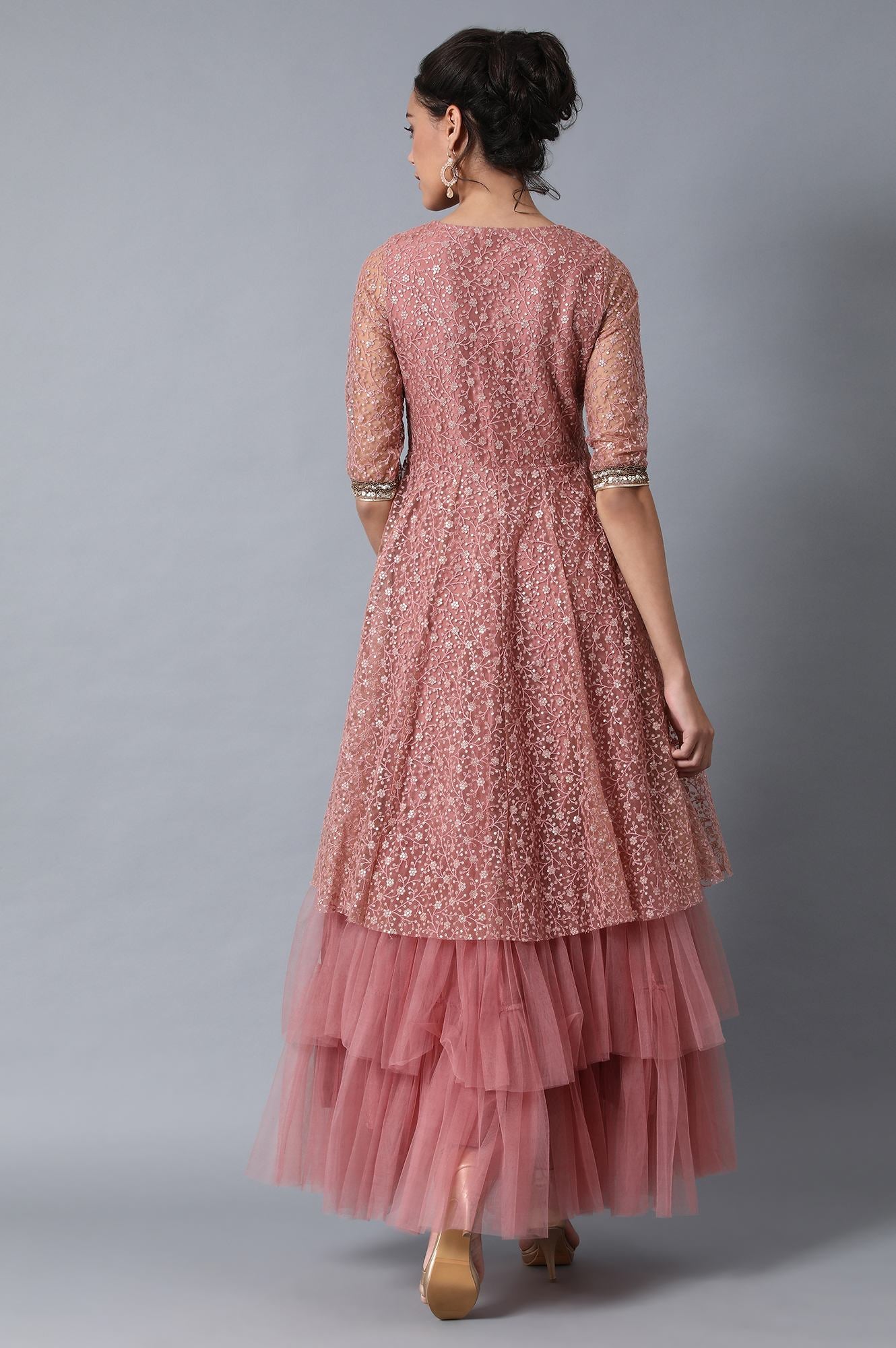 Pink Round Neck Embroidered Gown