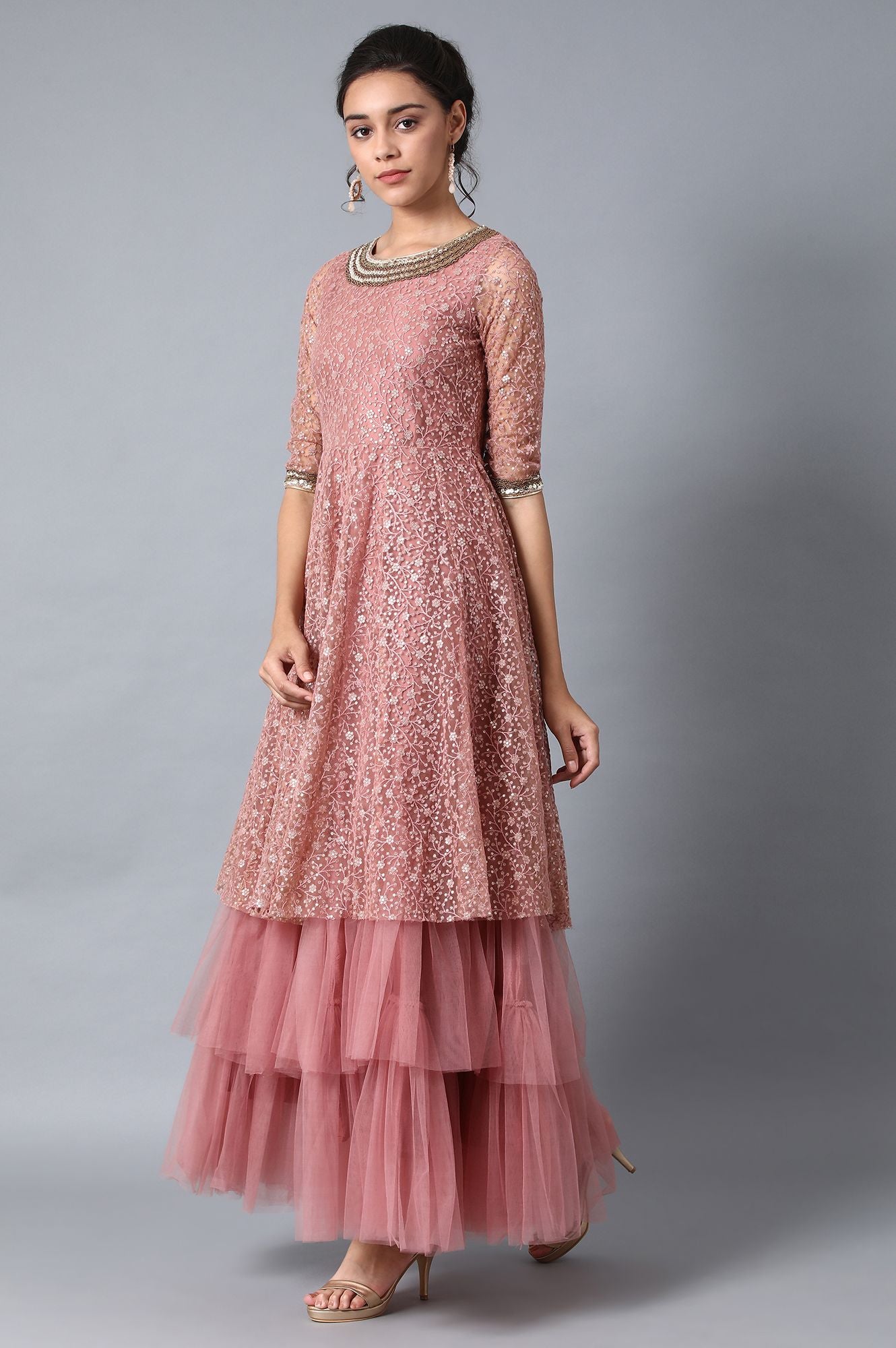 Pink Round Neck Embroidered Gown