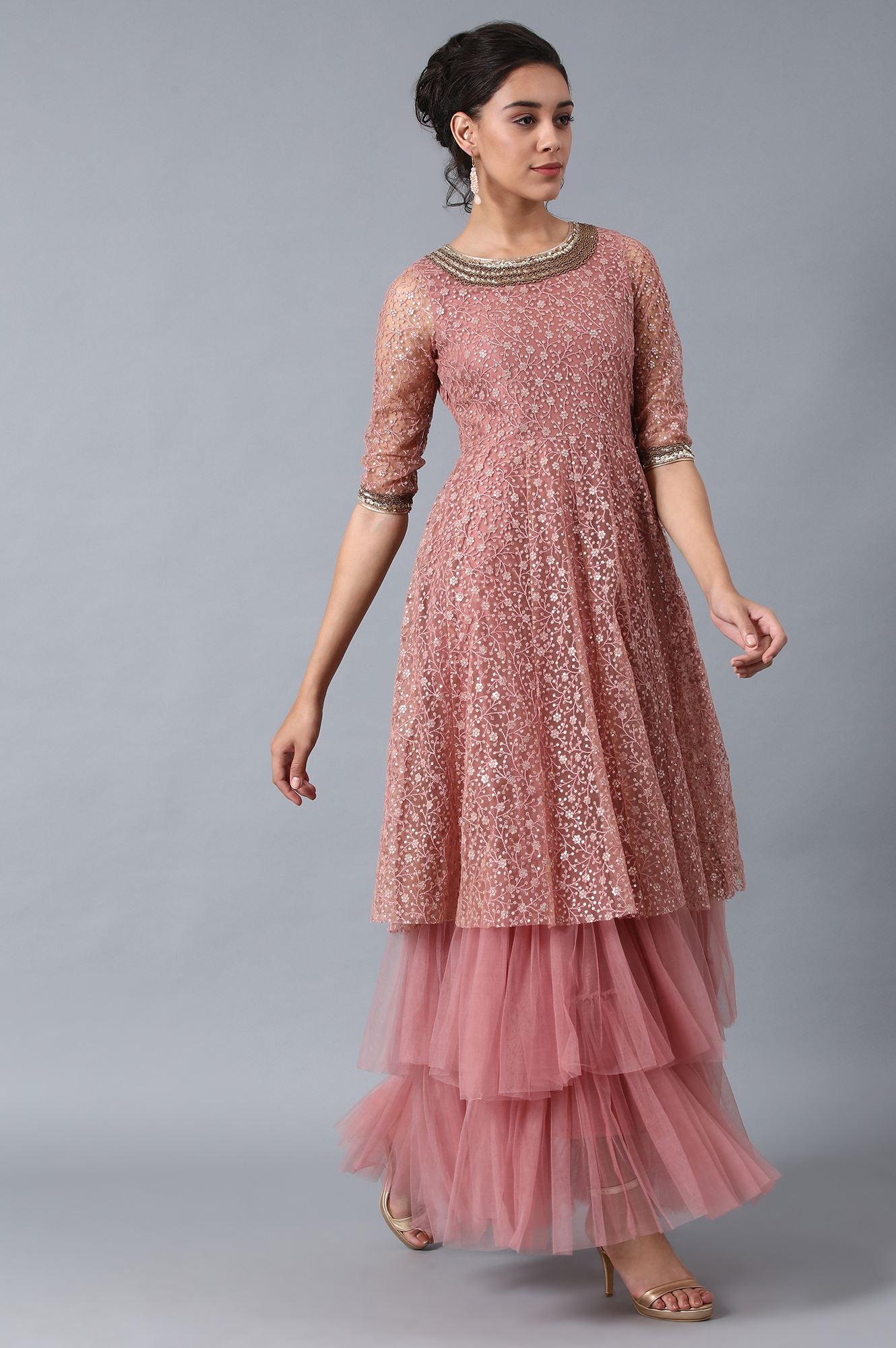 Pink Round Neck Embroidered Gown
