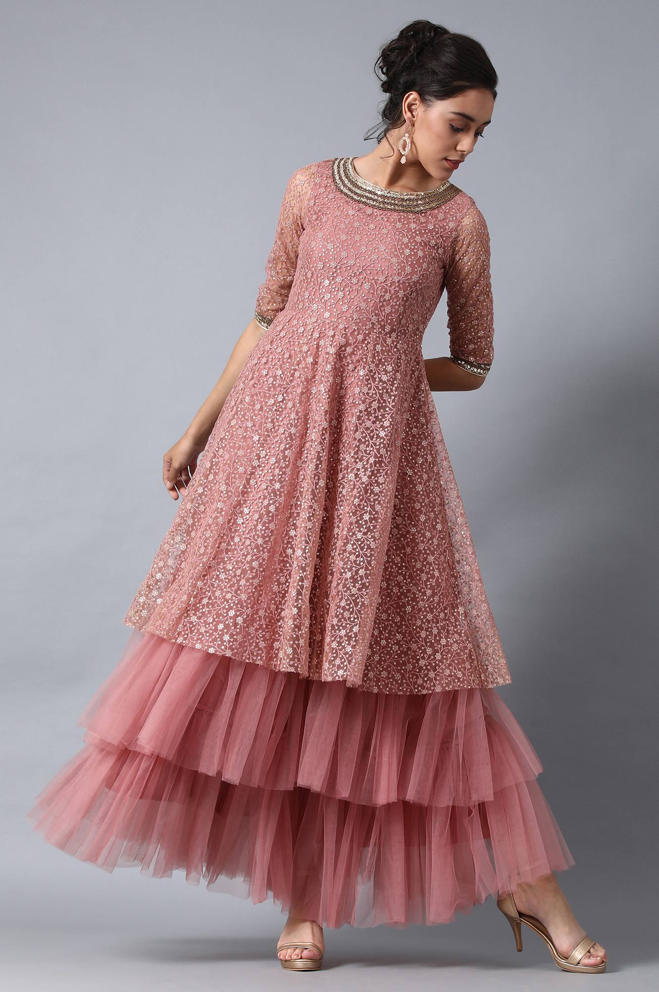 Pink Round Neck Embroidered Gown