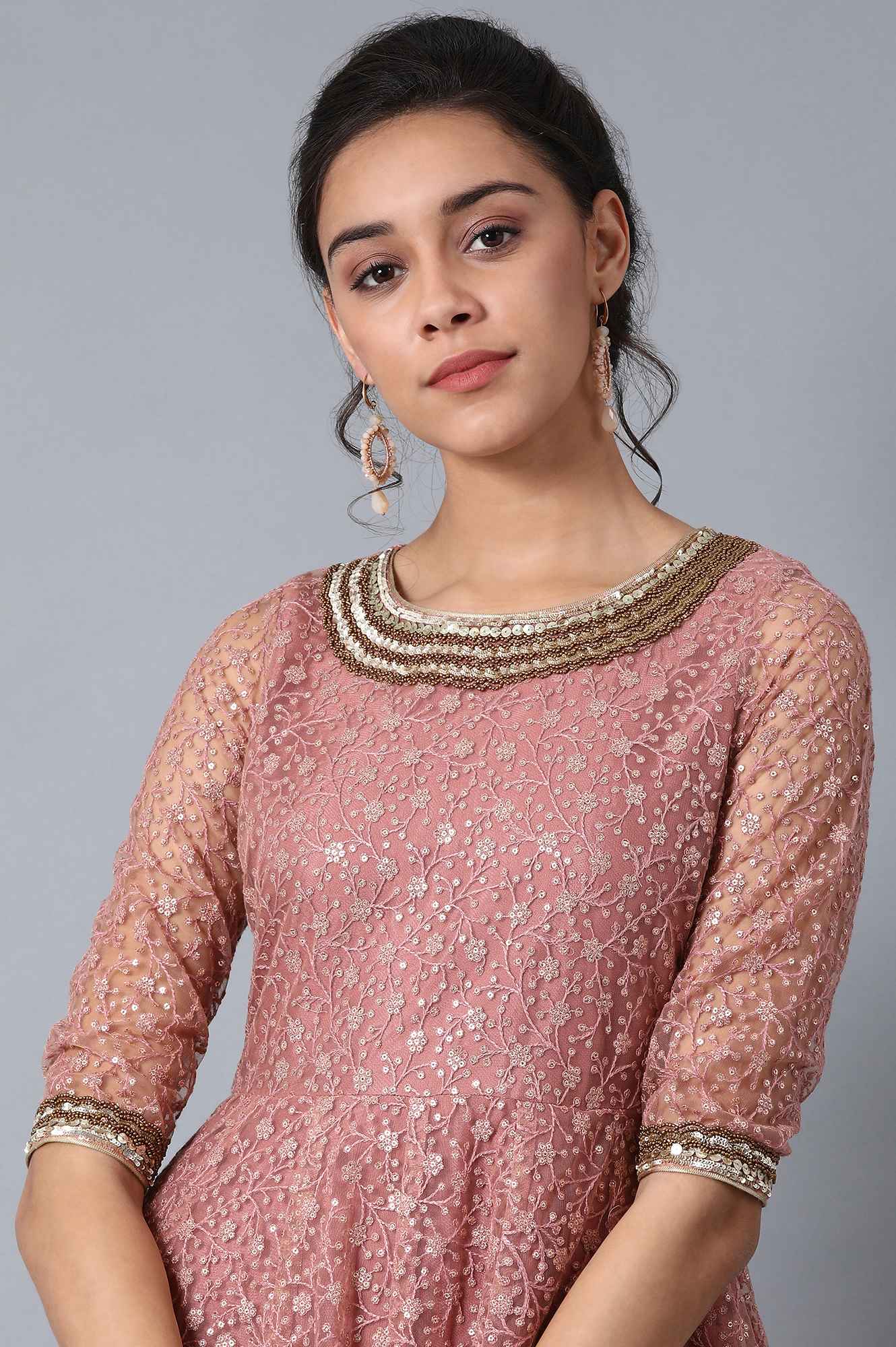 Pink Round Neck Embroidered Gown