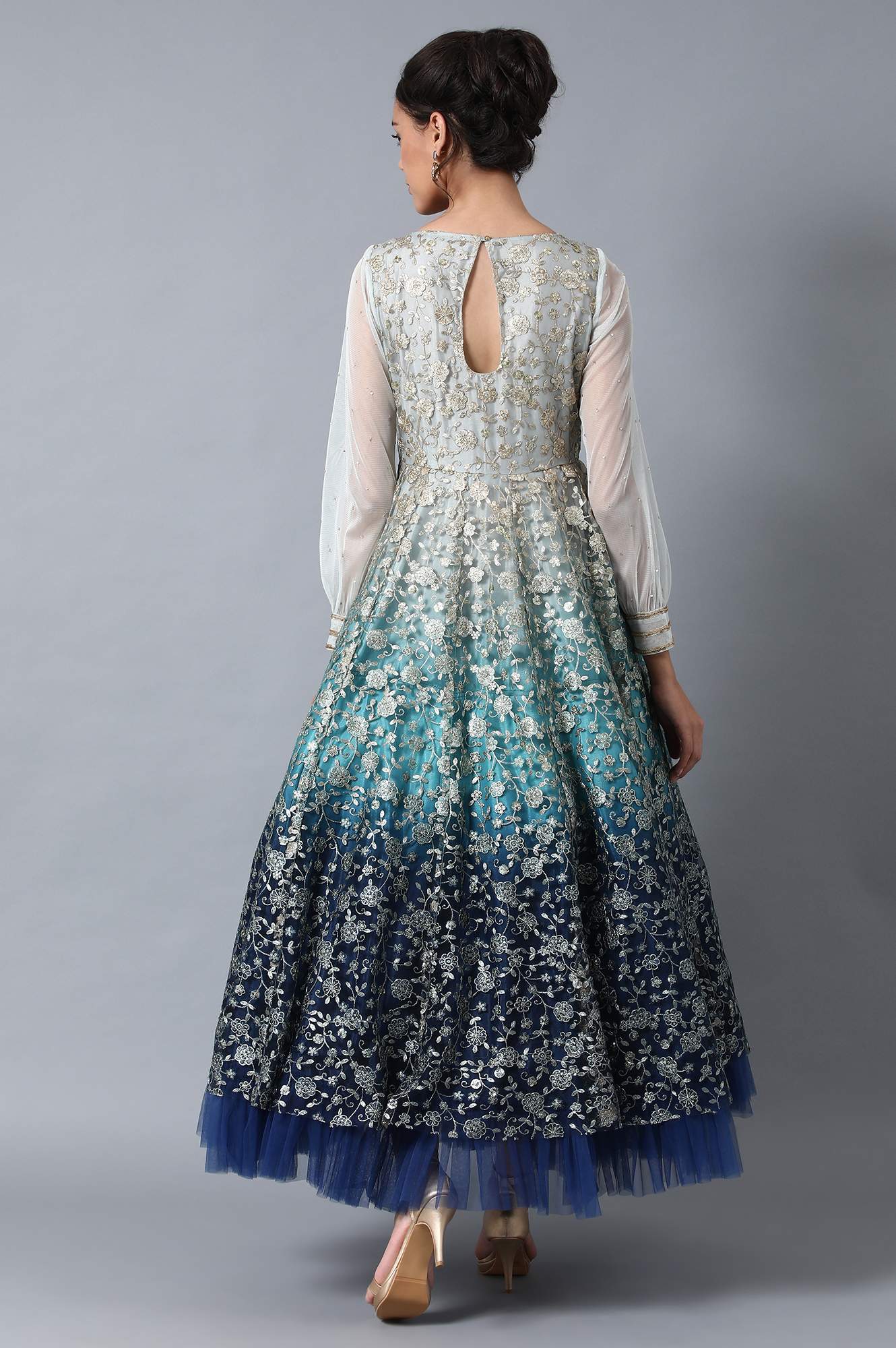 Blue Round Neck Embroidered Gown