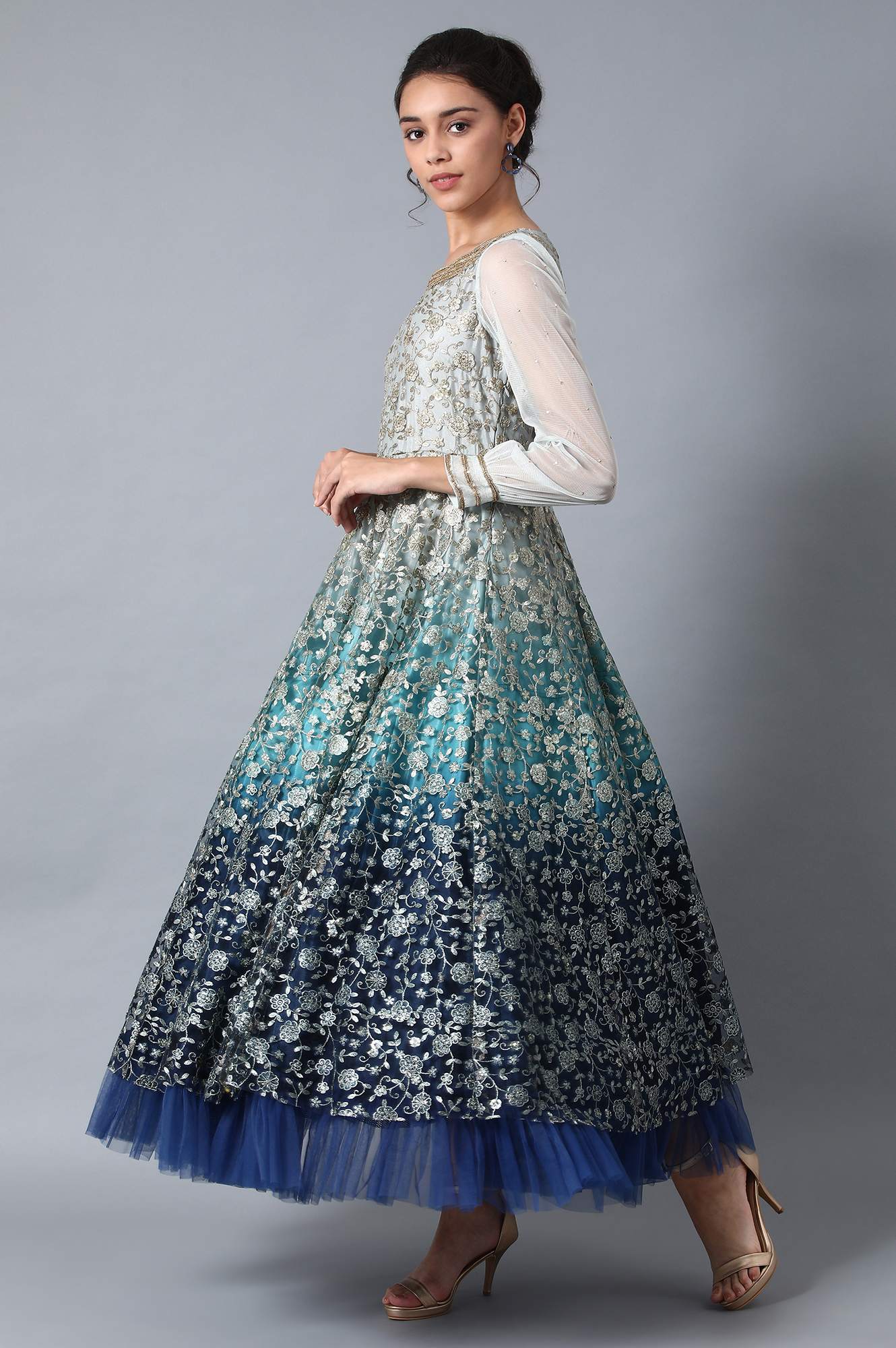 Blue Round Neck Embroidered Gown