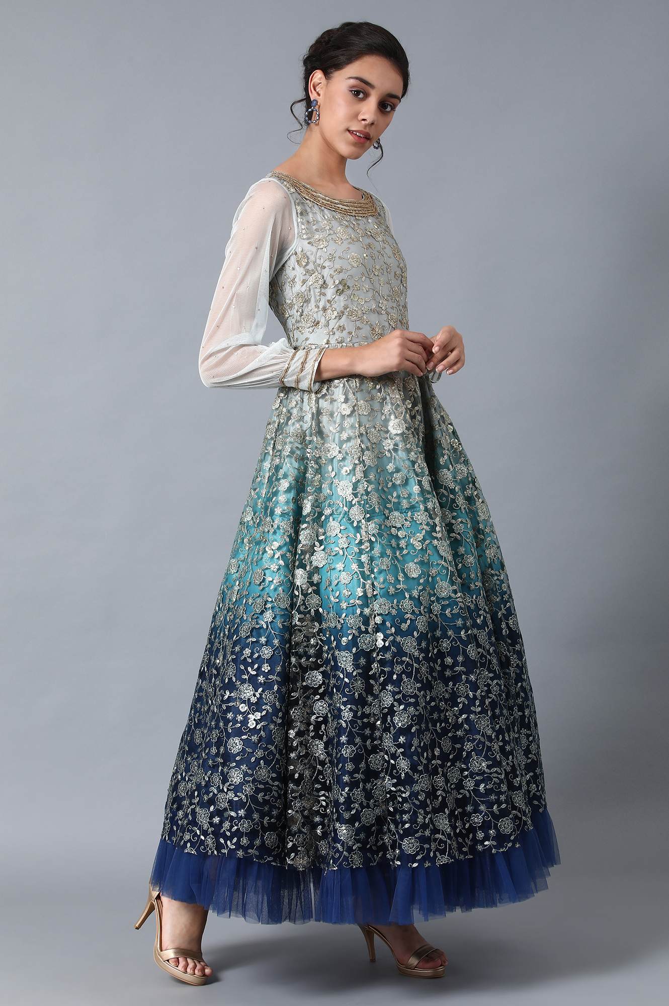 Blue Round Neck Embroidered Gown
