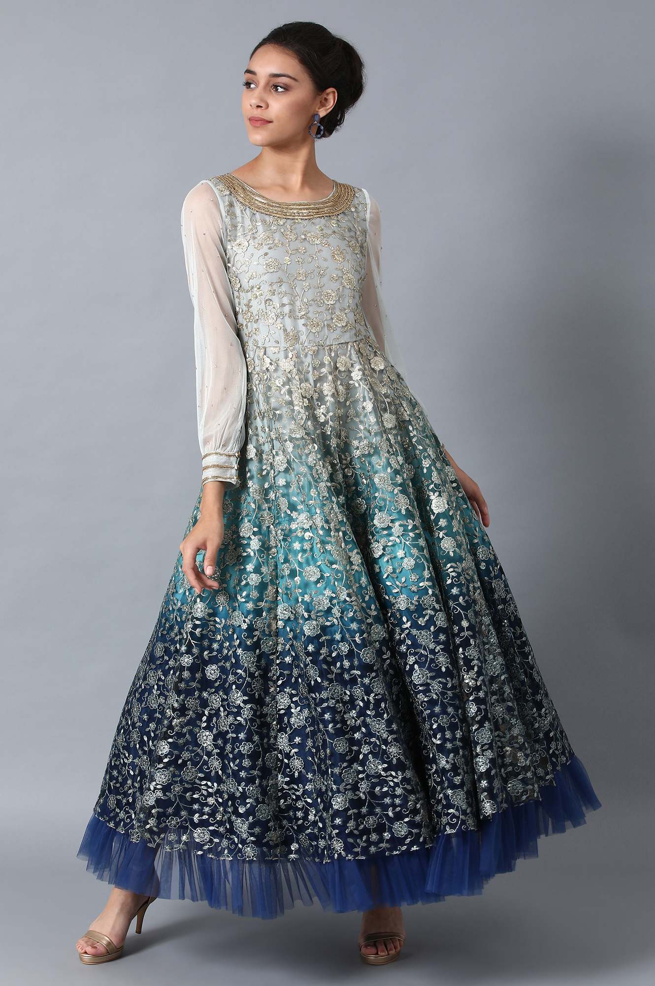 Blue Round Neck Embroidered Gown
