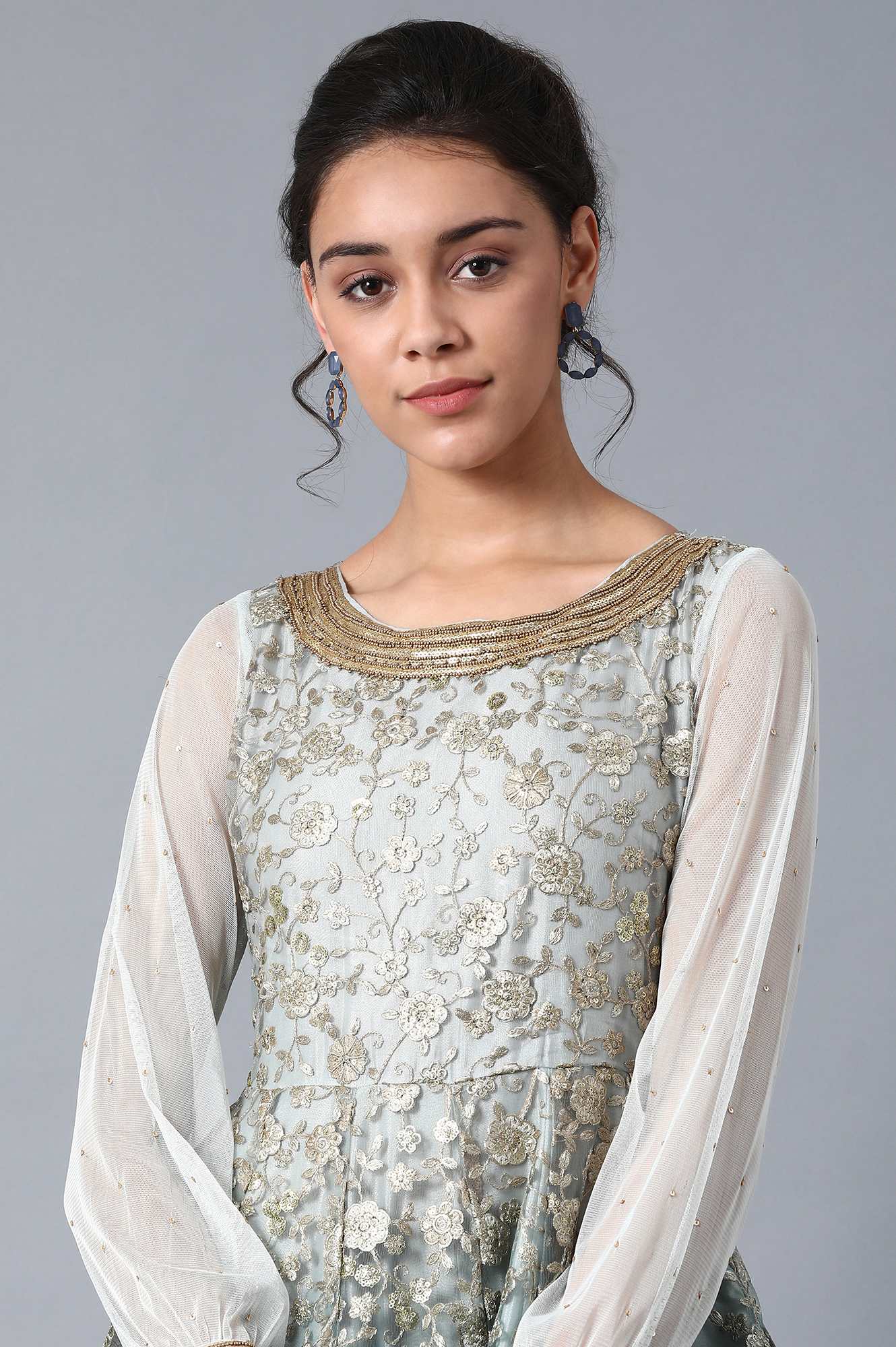 Blue Round Neck Embroidered Gown