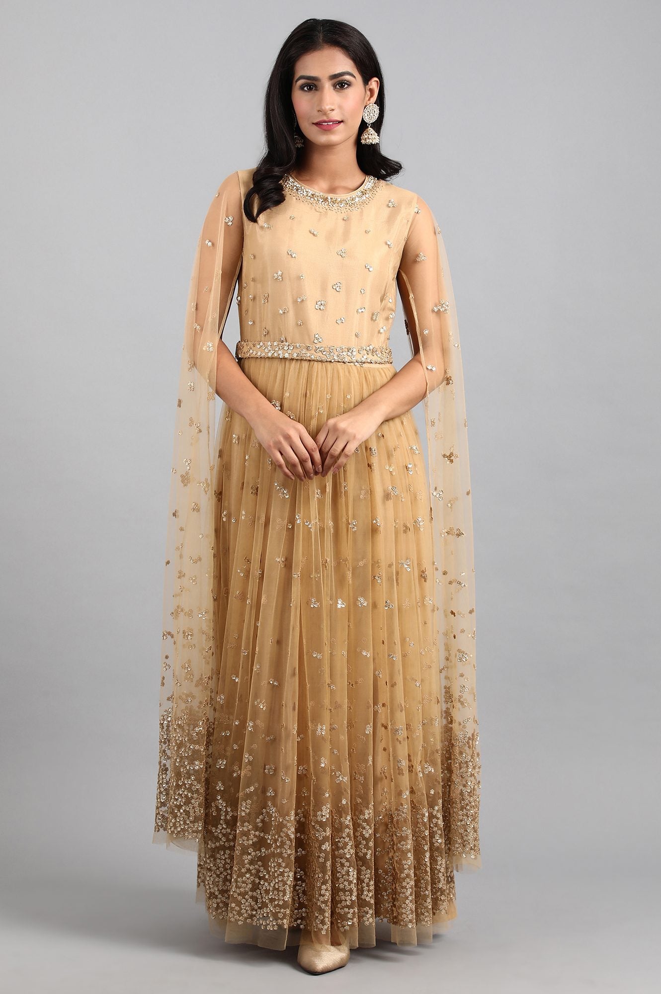 Beige Round Neck Embellished Gown