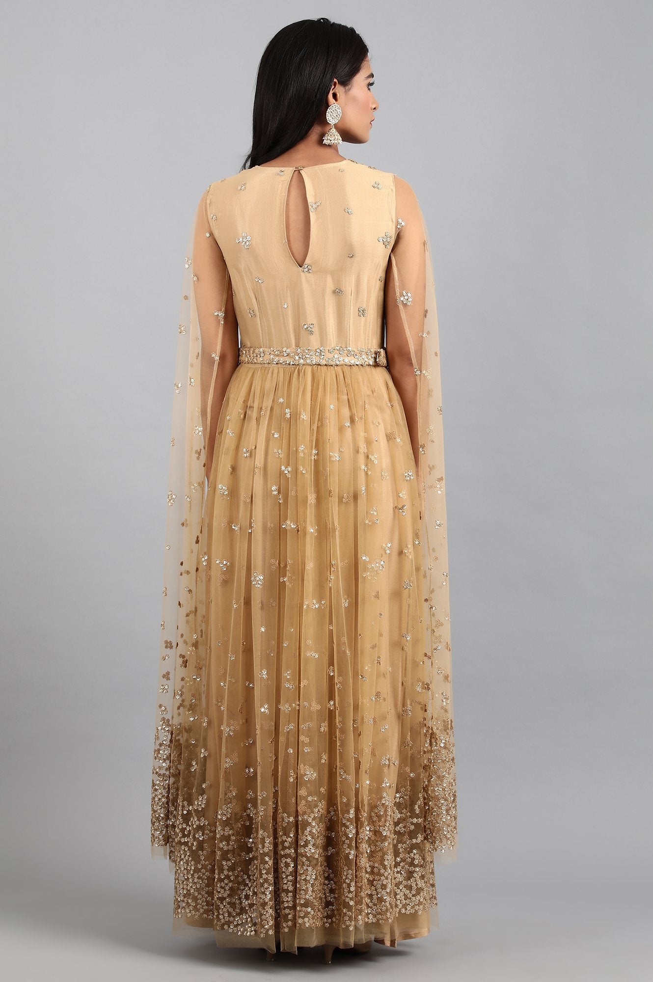 Beige Round Neck Embellished Gown