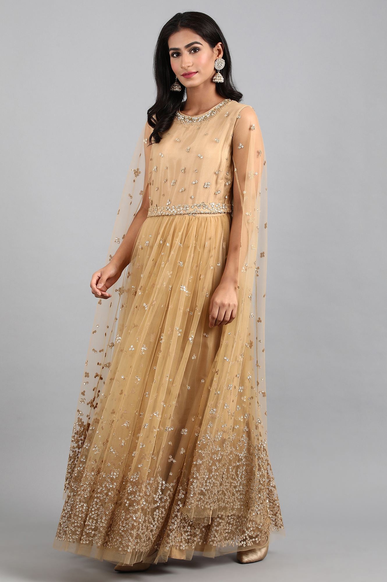 Beige Round Neck Embellished Gown