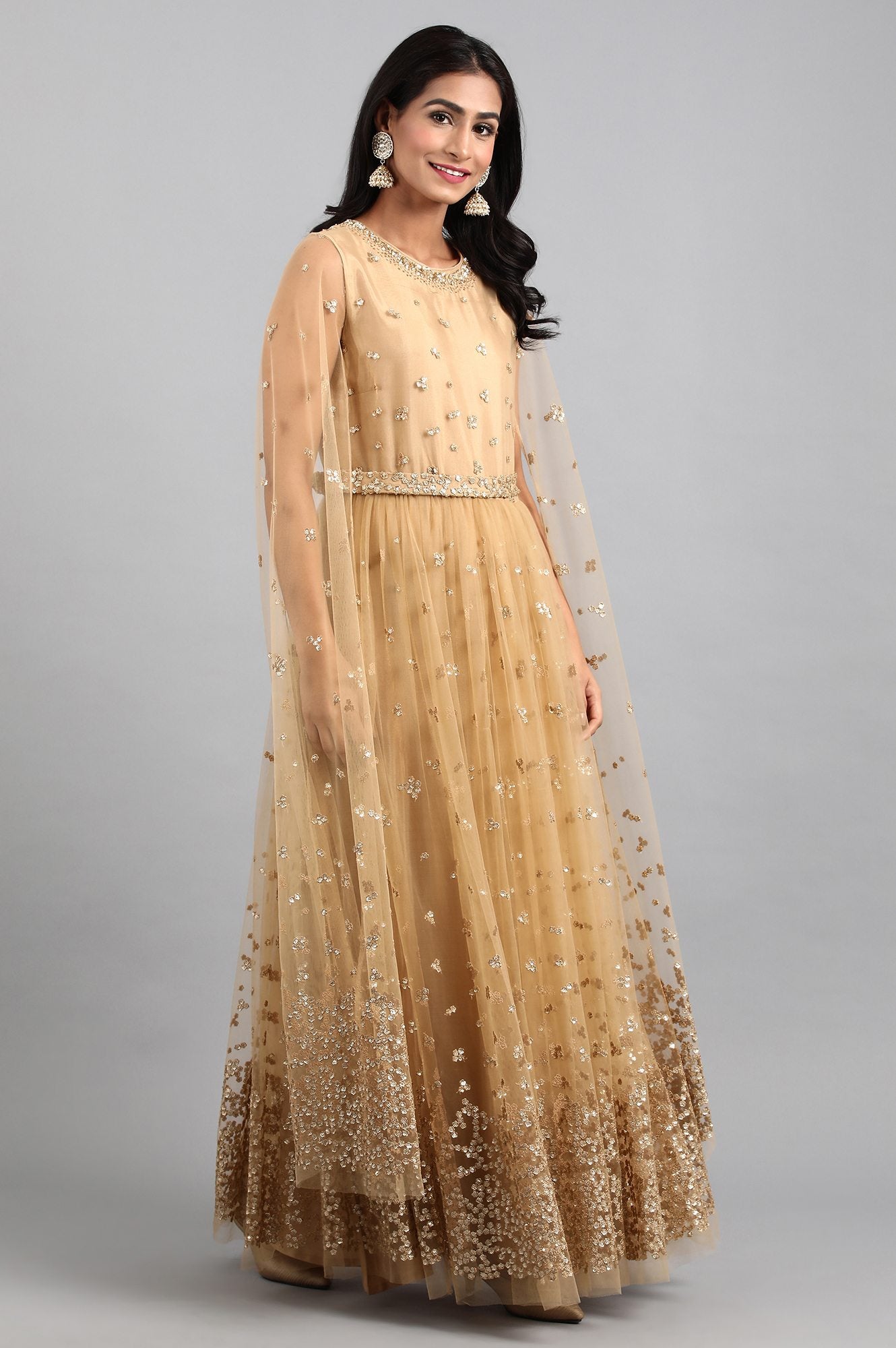 Beige Round Neck Embellished Gown
