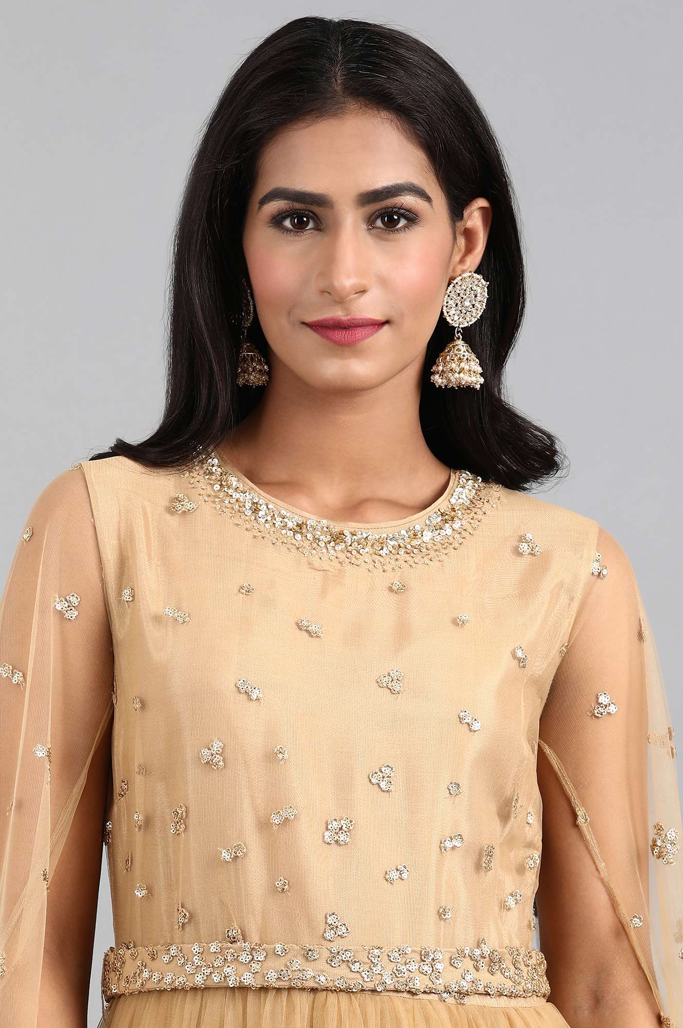 Beige Round Neck Embellished Gown