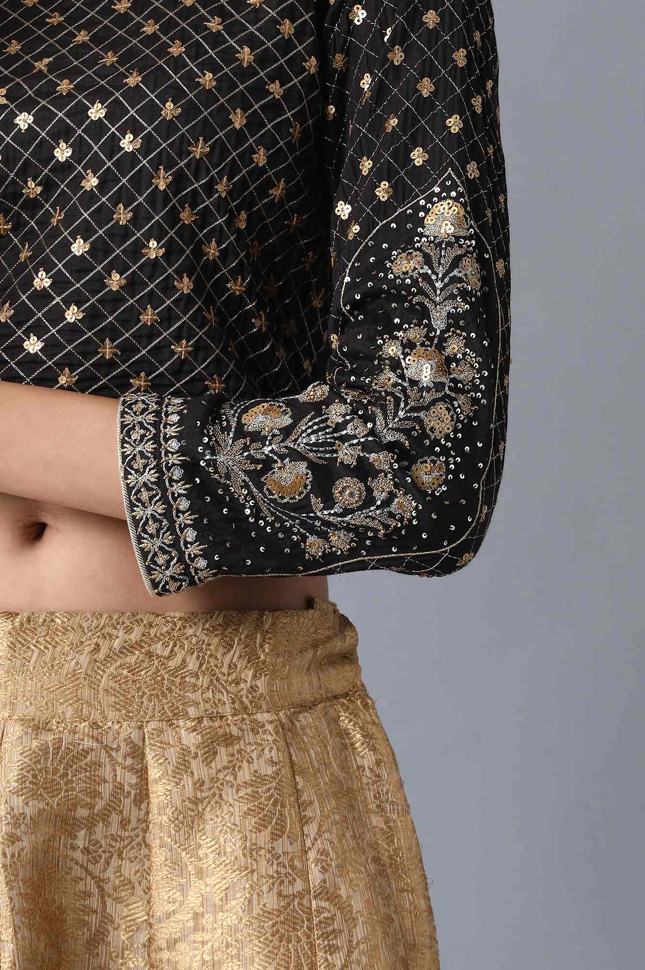 Black Round Neck Embroidered Top