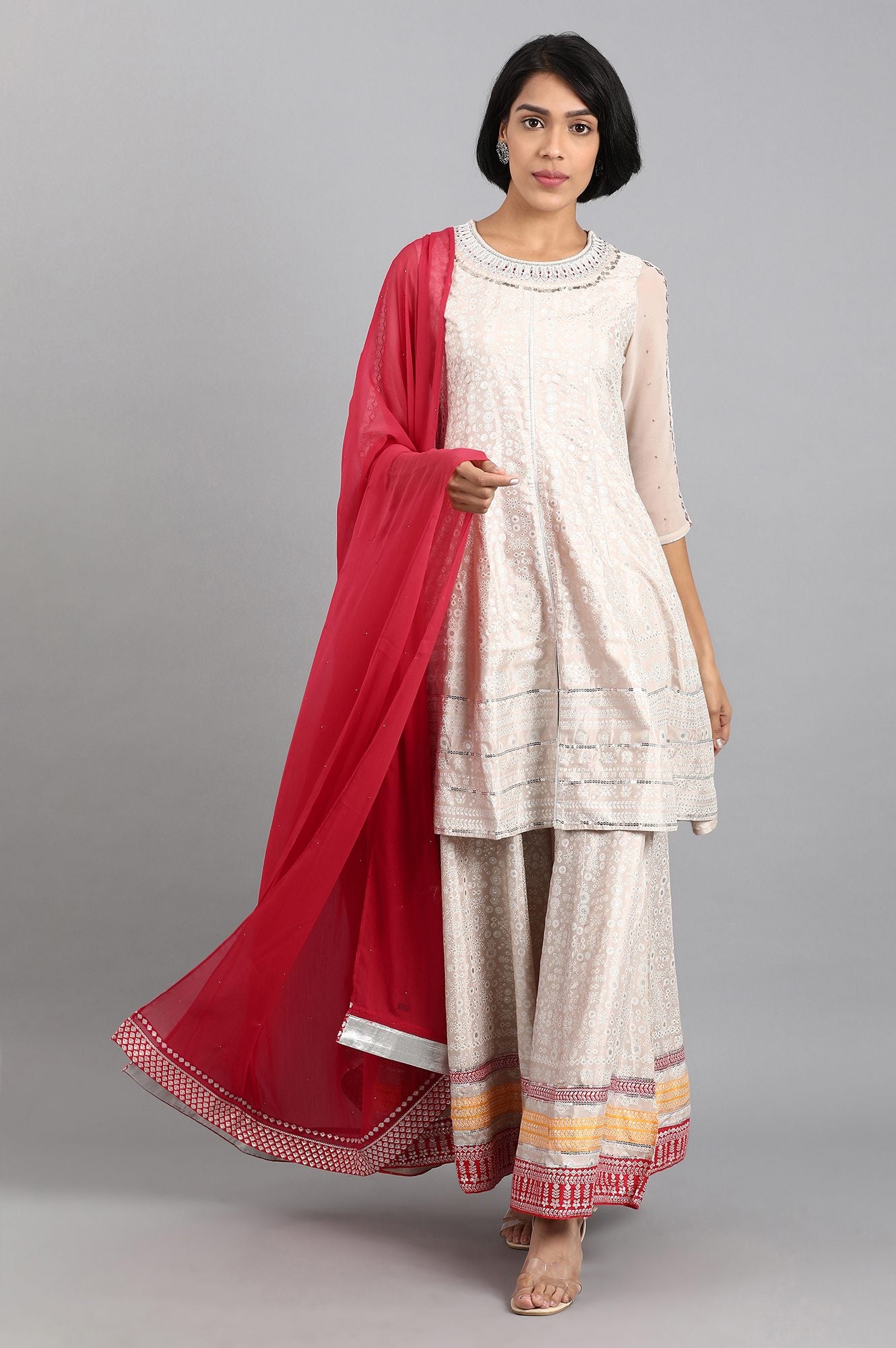 Beige Round Neck Printed kurta Set