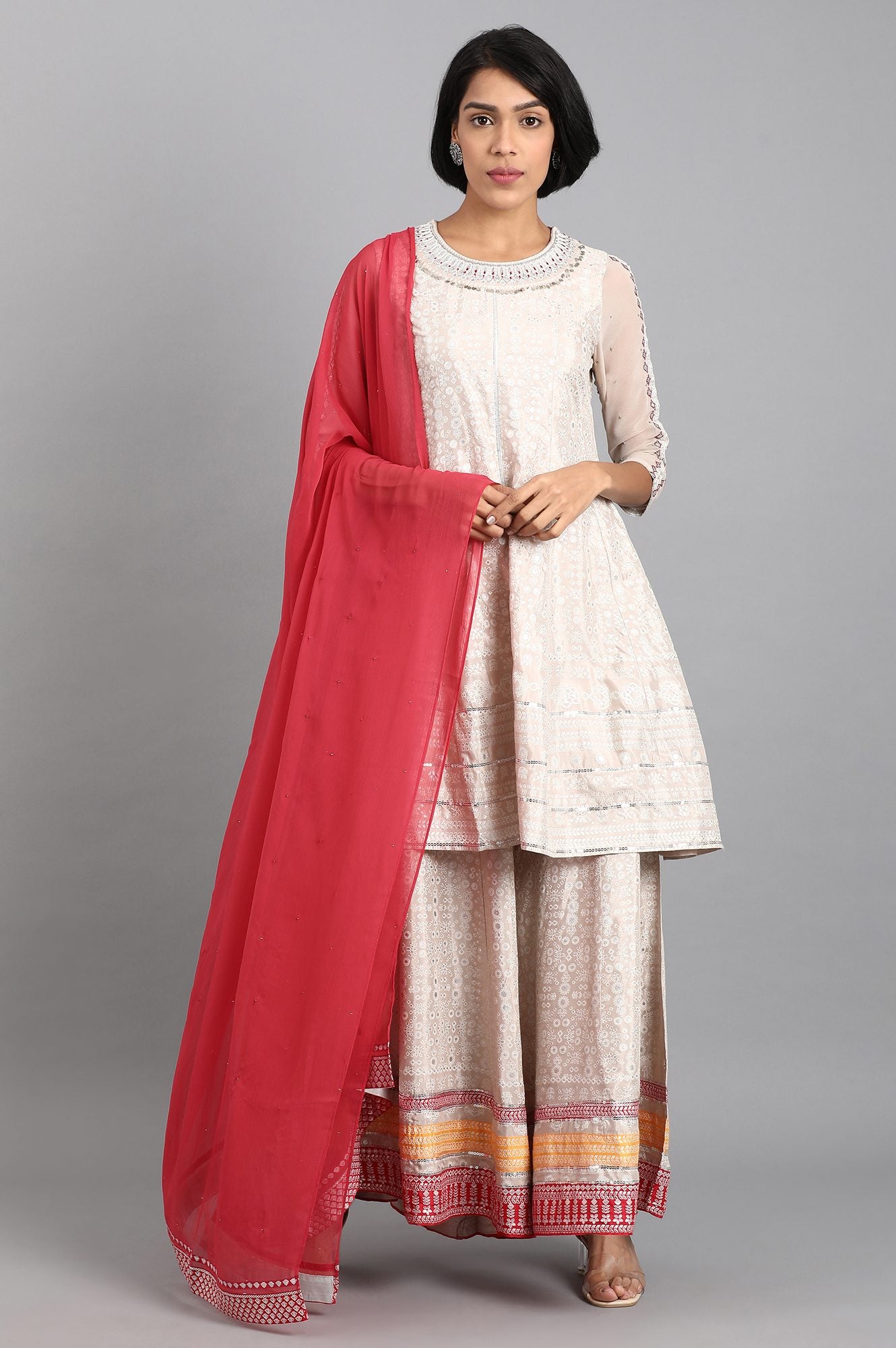 Beige Round Neck Printed kurta Set