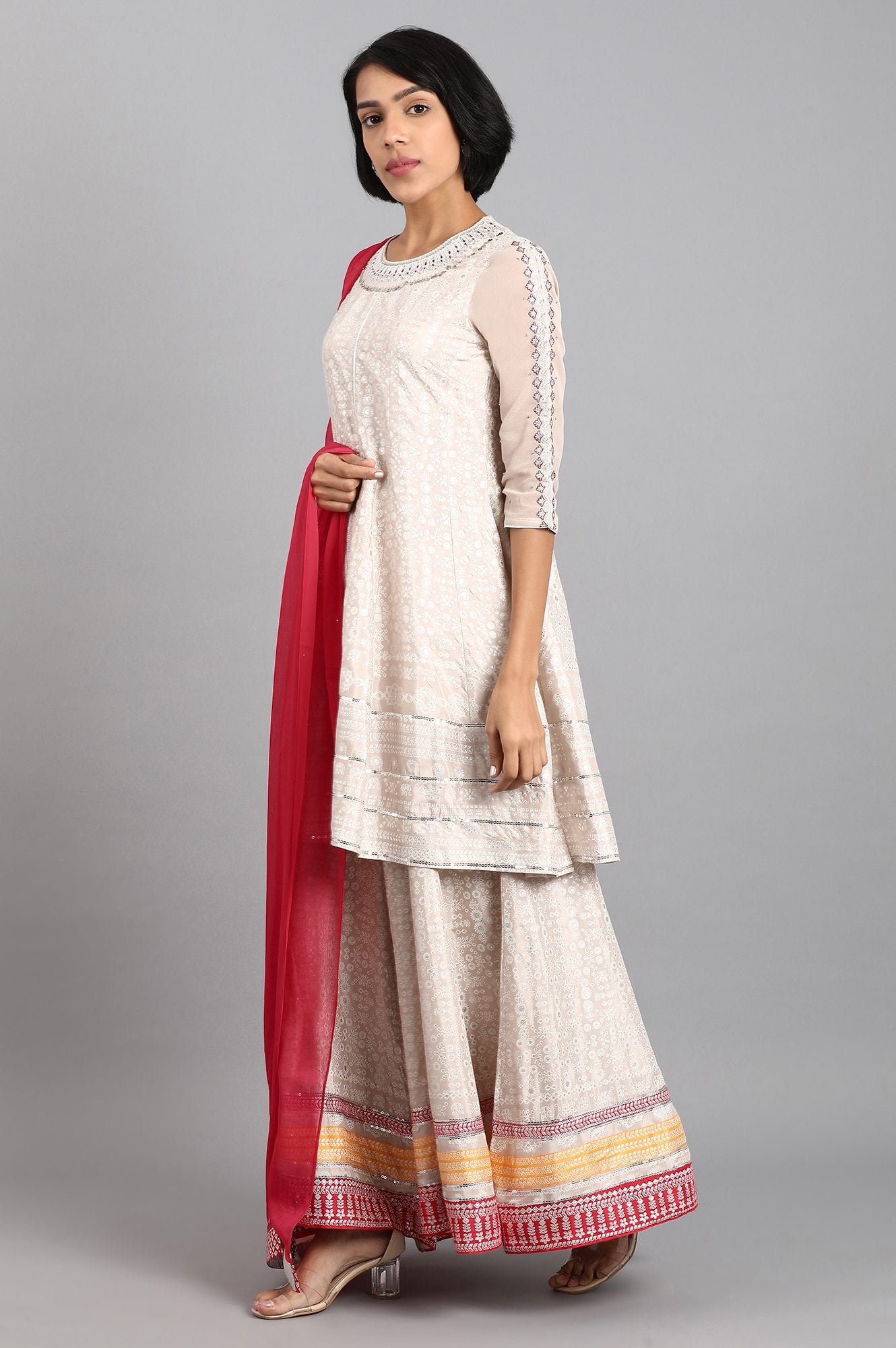 Beige Round Neck Printed kurta Set