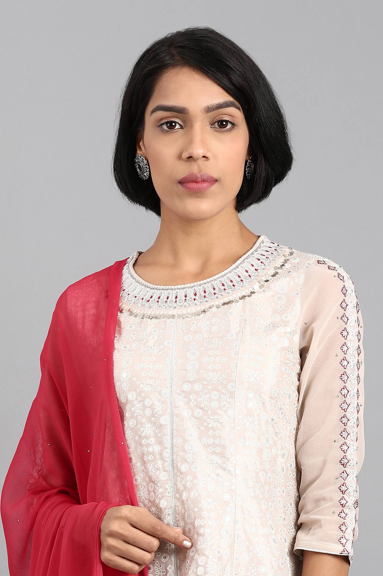 Beige Round Neck Printed kurta Set