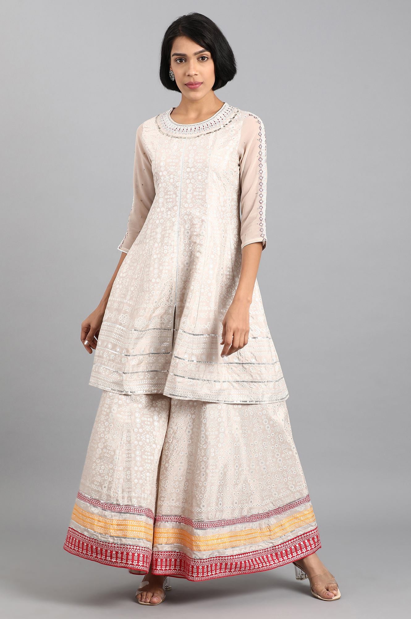 Beige Round Neck Printed kurta Set
