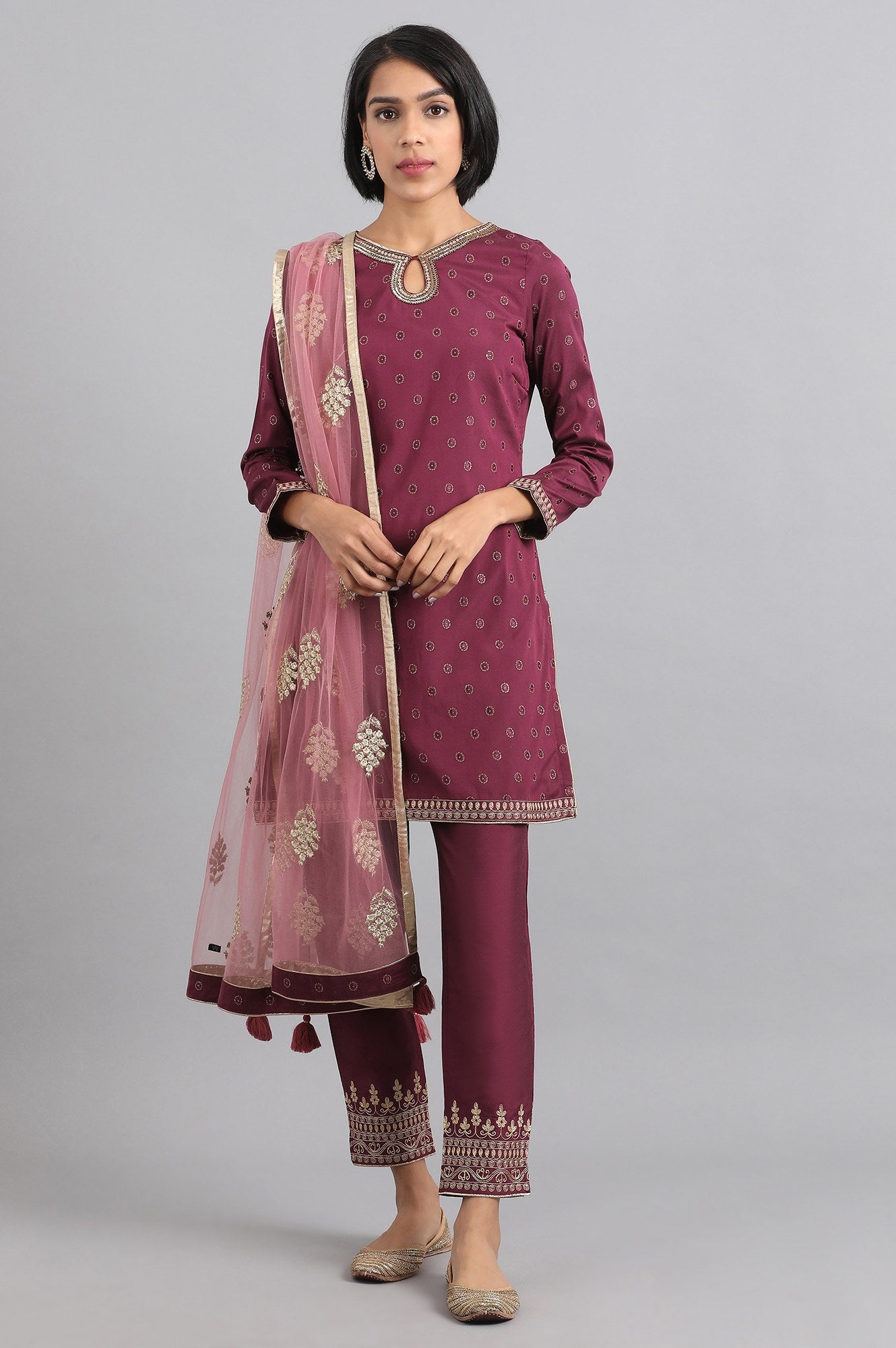 Wine Round Neck Embroidered kurta Set