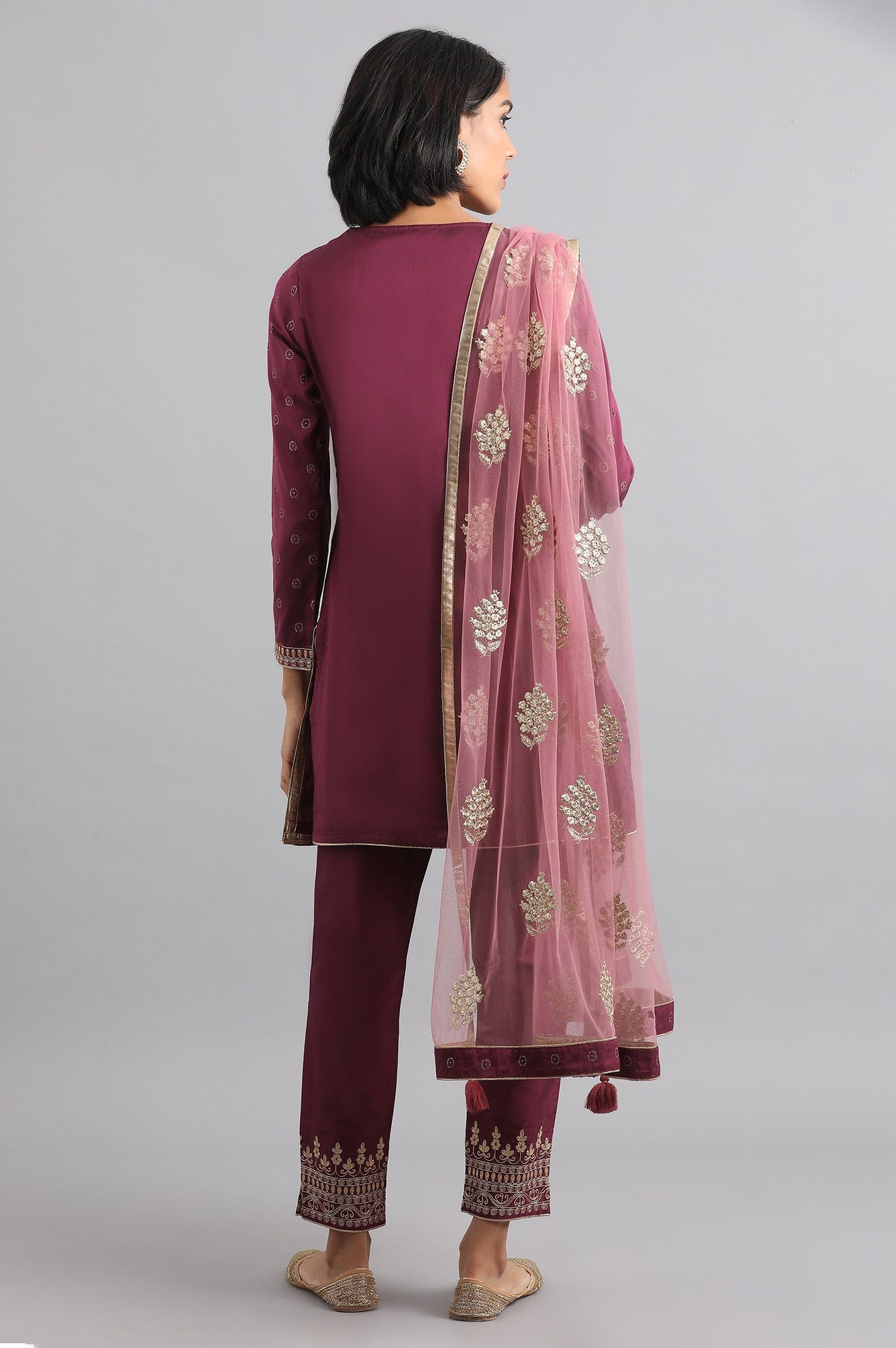 Wine Round Neck Embroidered kurta Set