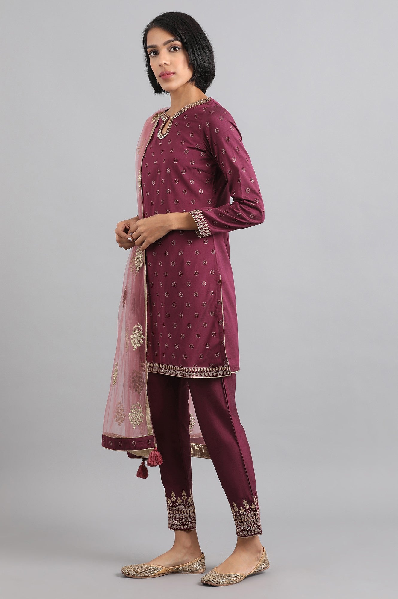 Wine Round Neck Embroidered kurta Set