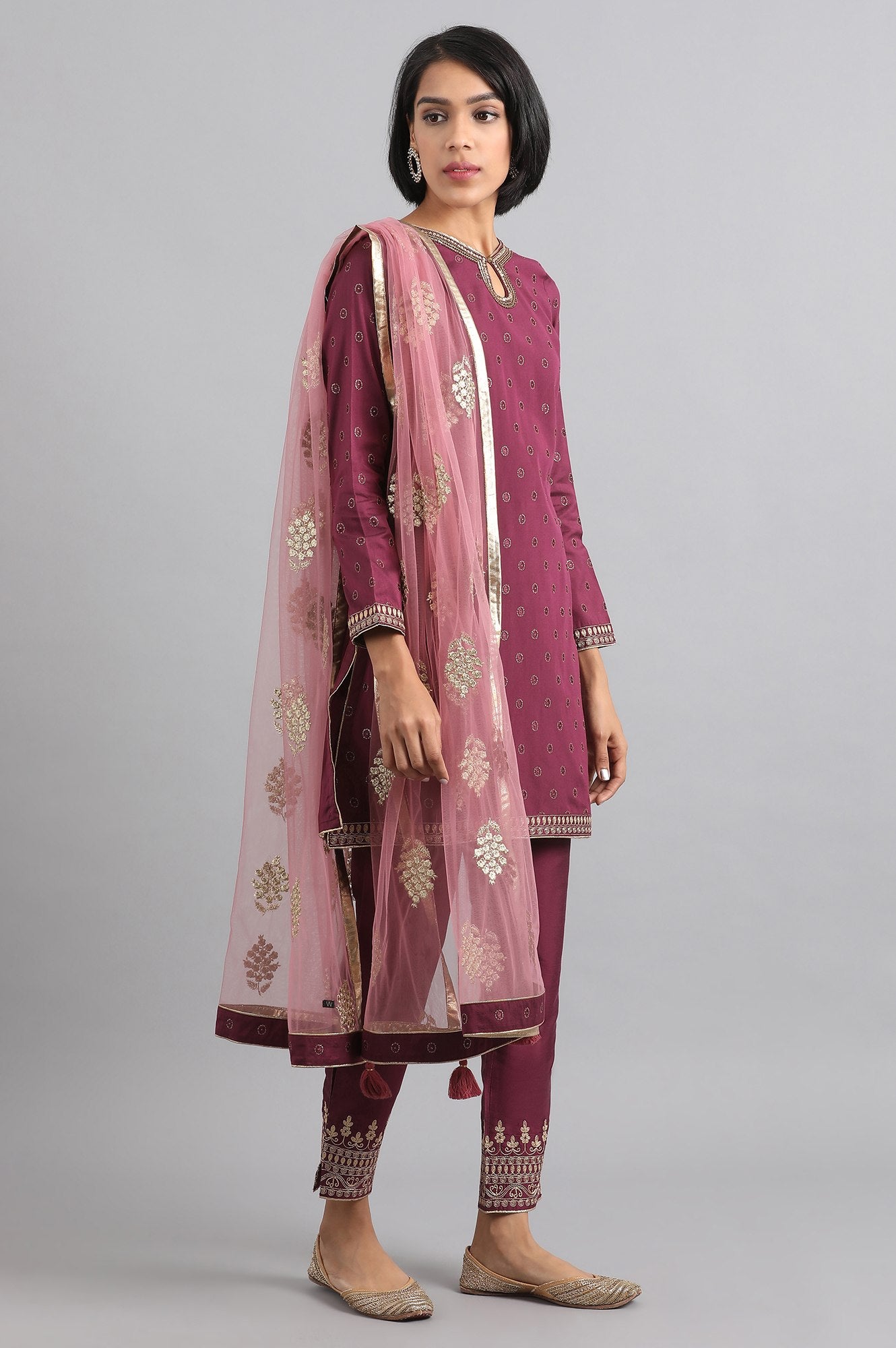 Wine Round Neck Embroidered kurta Set