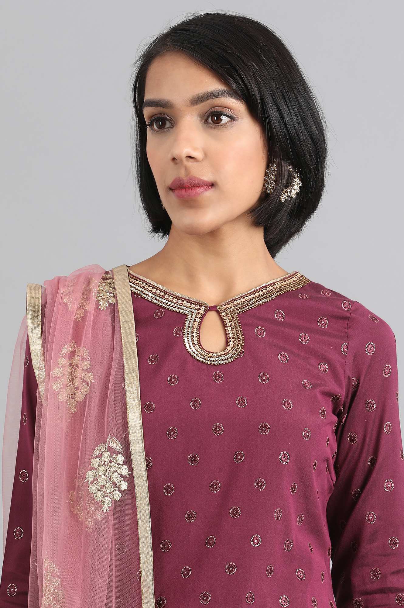 Wine Round Neck Embroidered kurta Set
