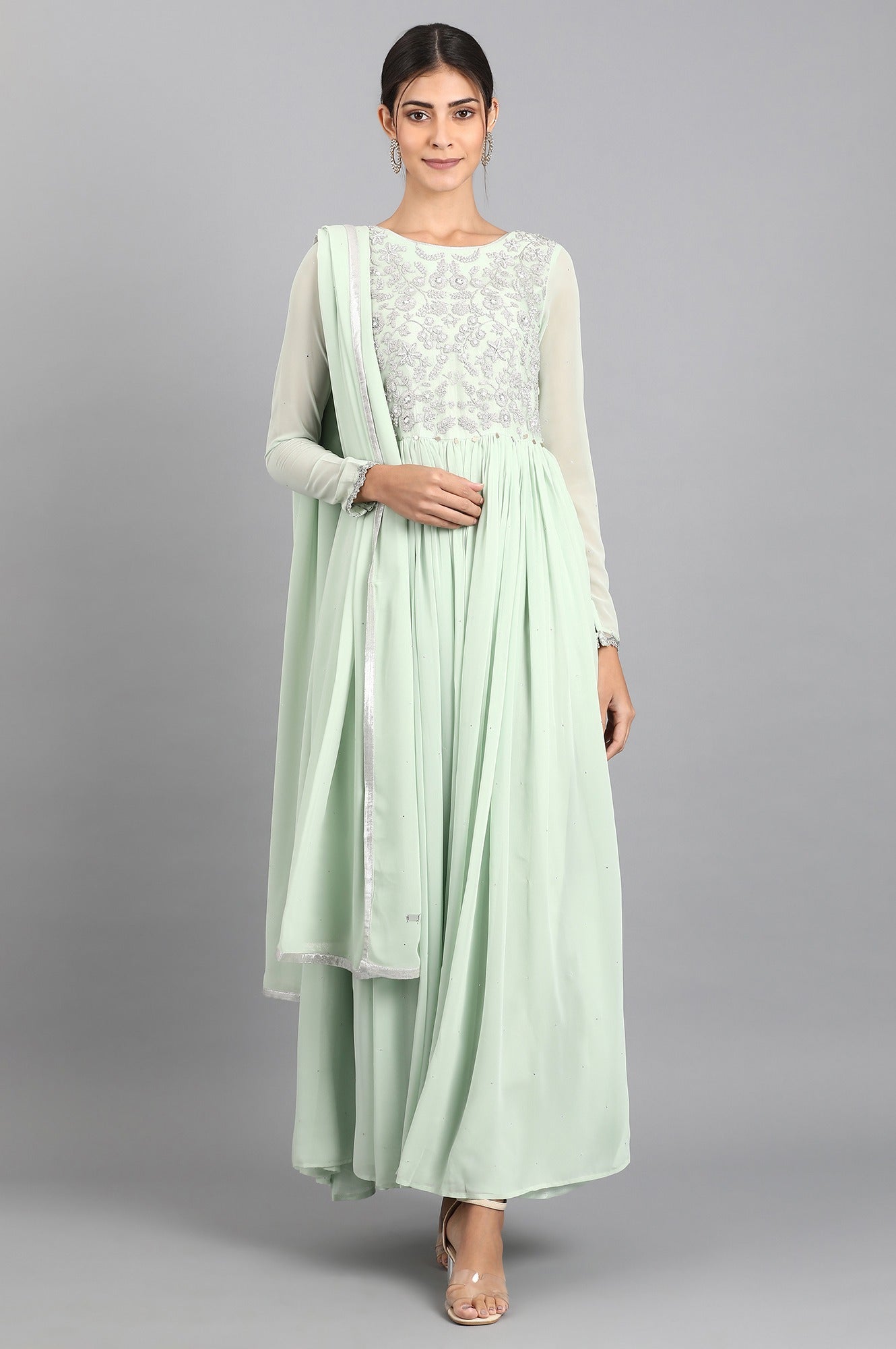 Green Round Neck Gathered Dress