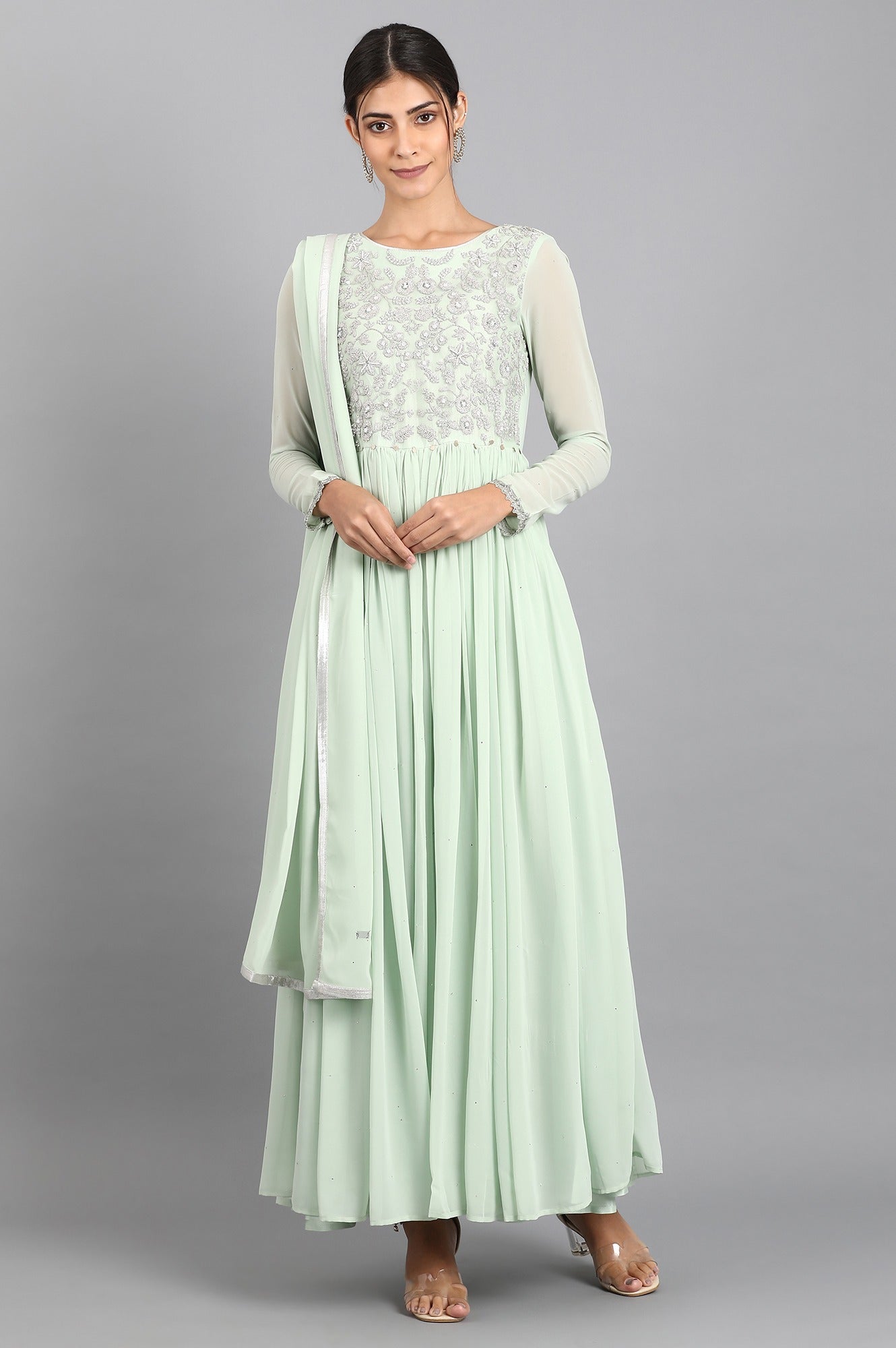 Green Round Neck Gathered Dress