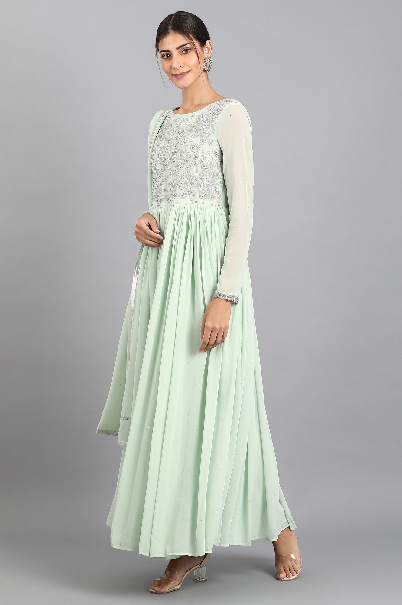 Green Round Neck Gathered Dress
