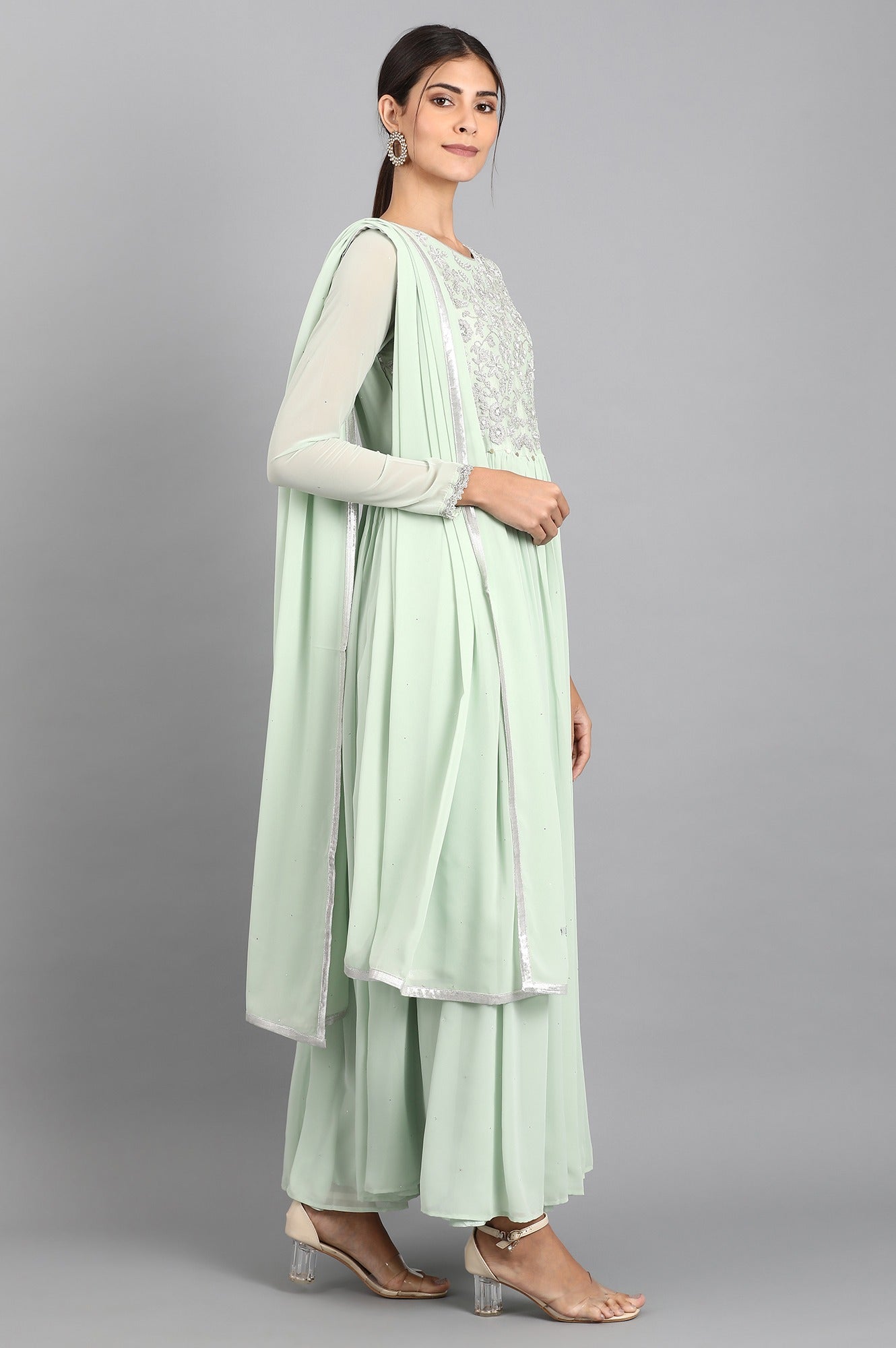 Green Round Neck Gathered Dress