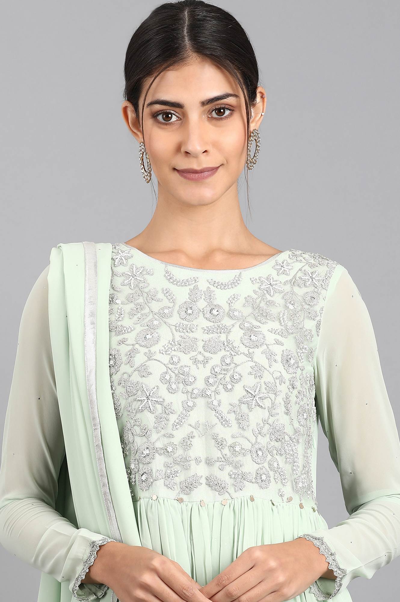 Green Round Neck Gathered Dress