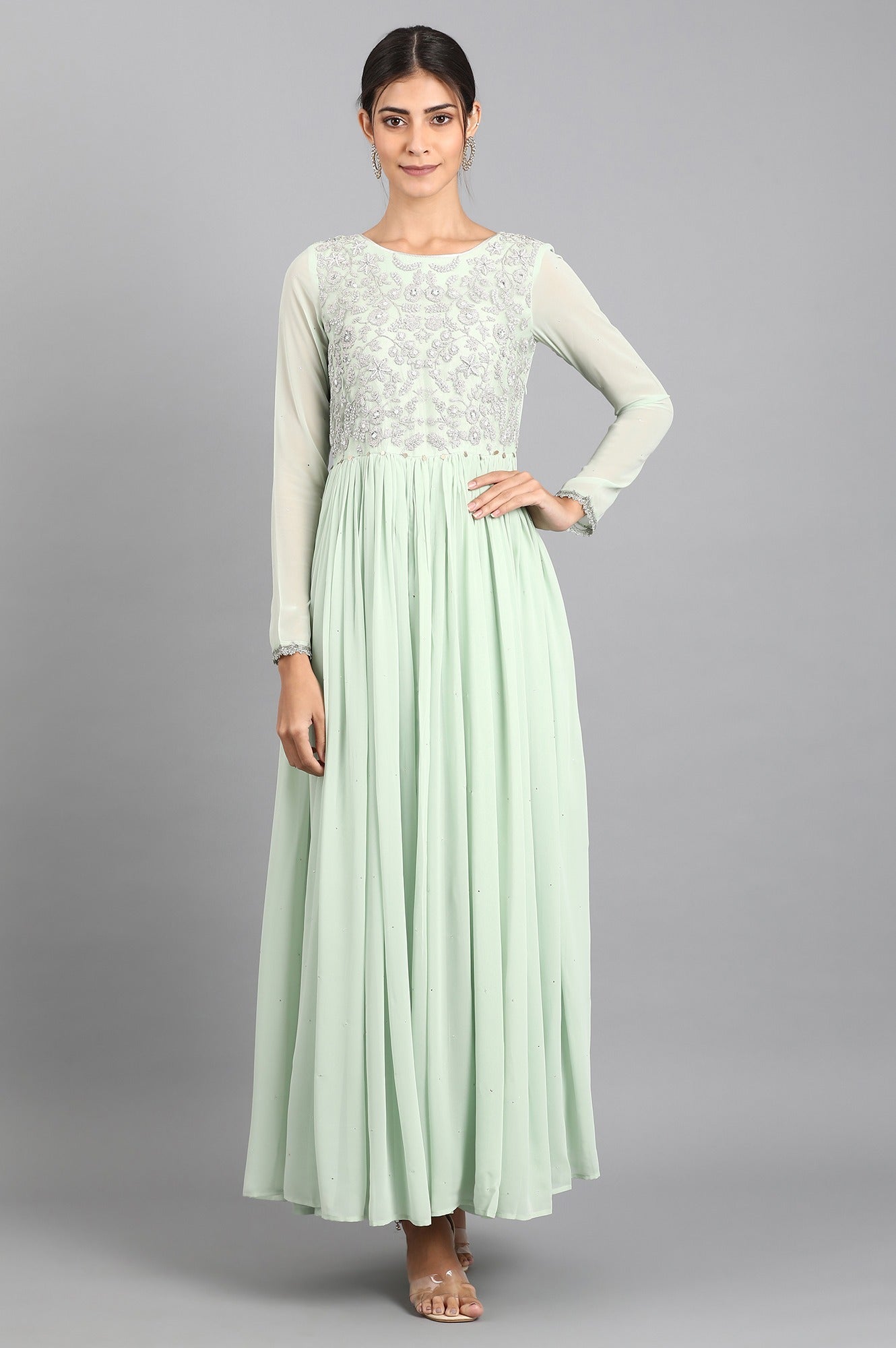 Green Round Neck Gathered Dress