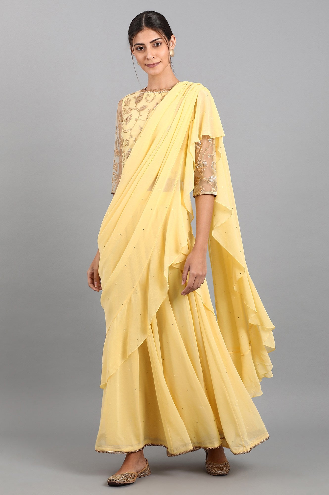 Yellow Round Neck Embroidered Set