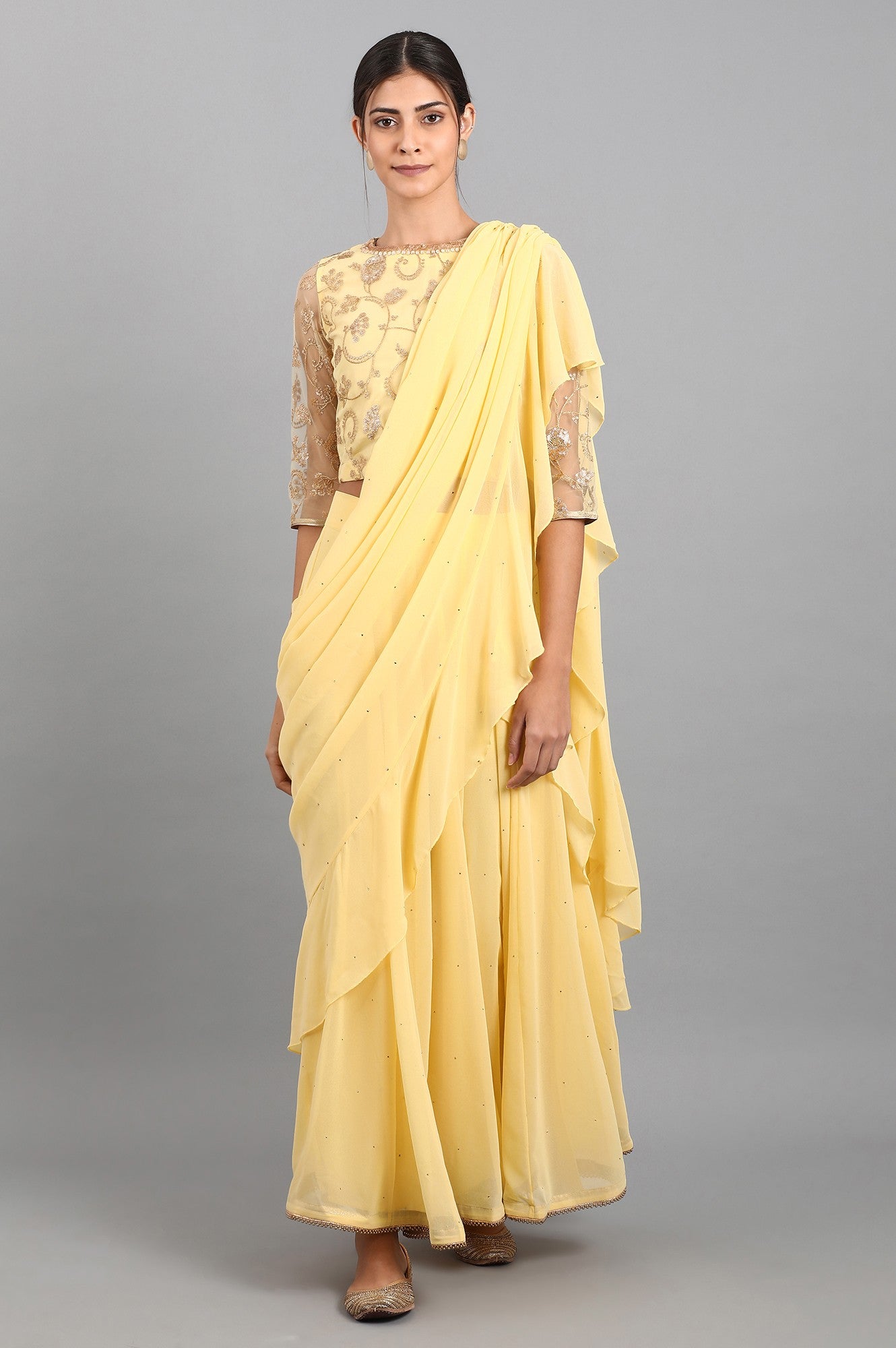 Yellow Round Neck Embroidered Set