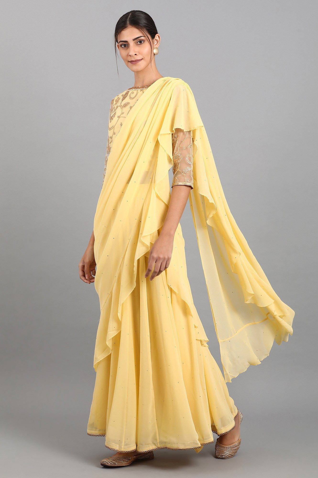 Yellow Round Neck Embroidered Set