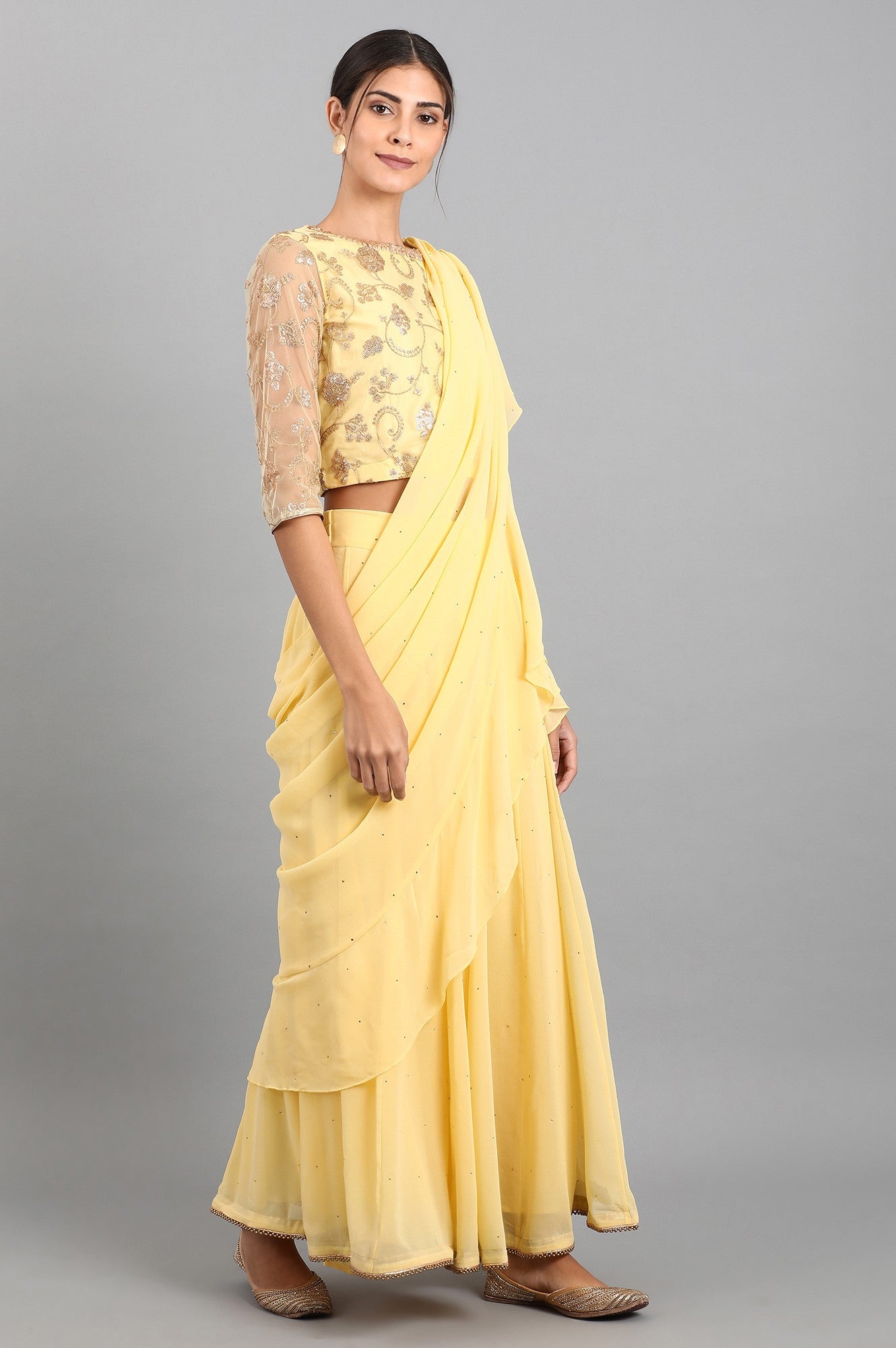 Yellow Round Neck Embroidered Set
