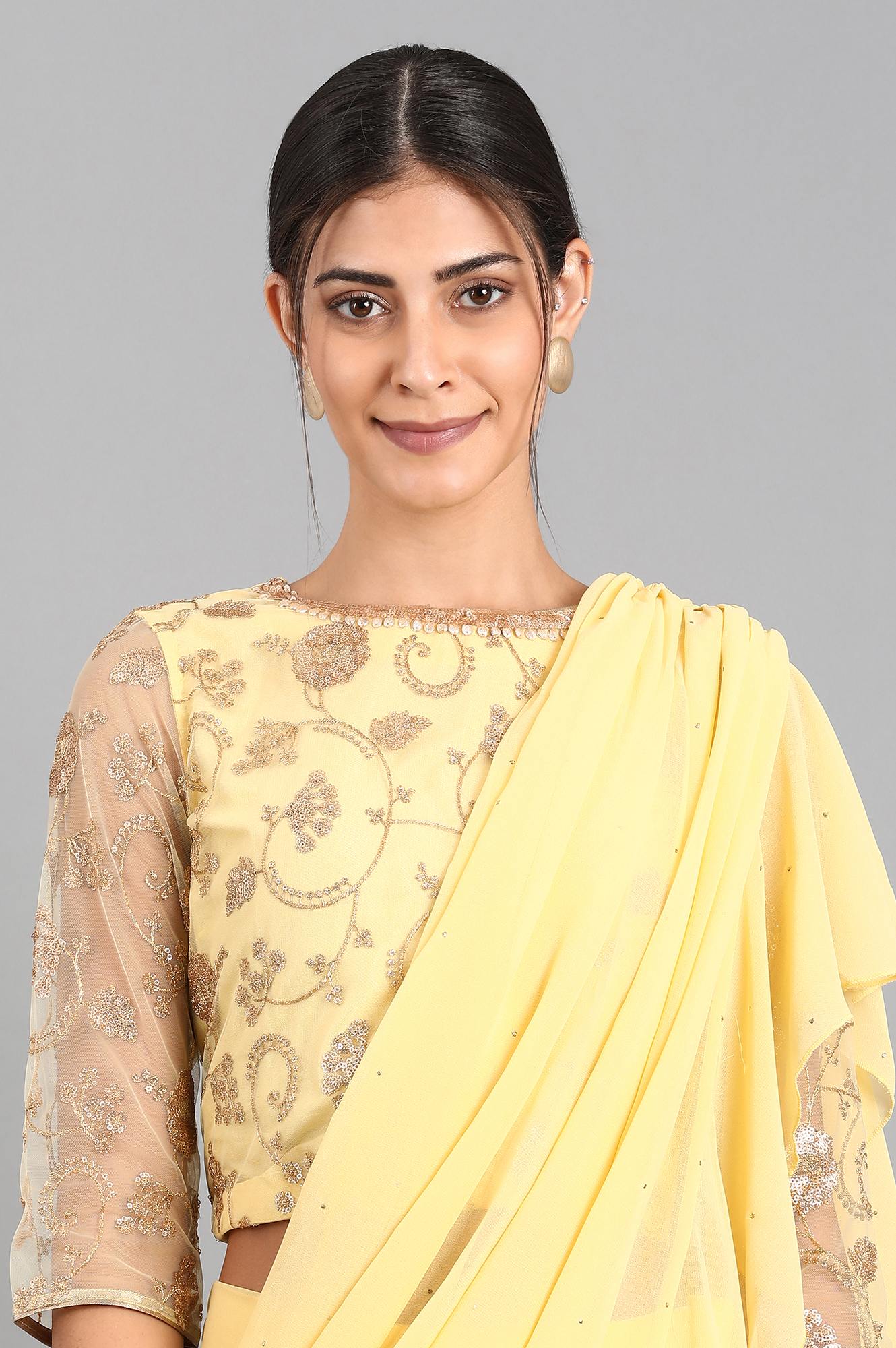 Yellow Round Neck Embroidered Set