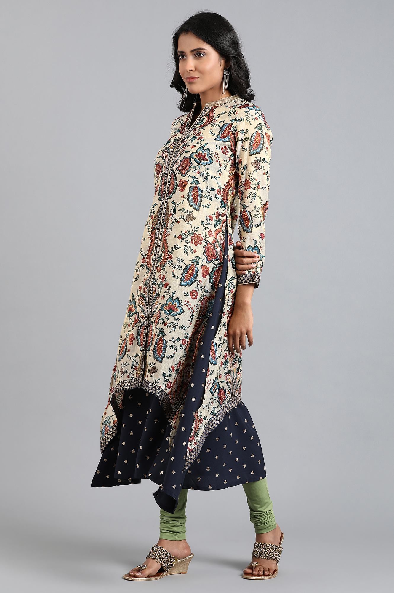 Off-White Mandarin Neck Printed kurta