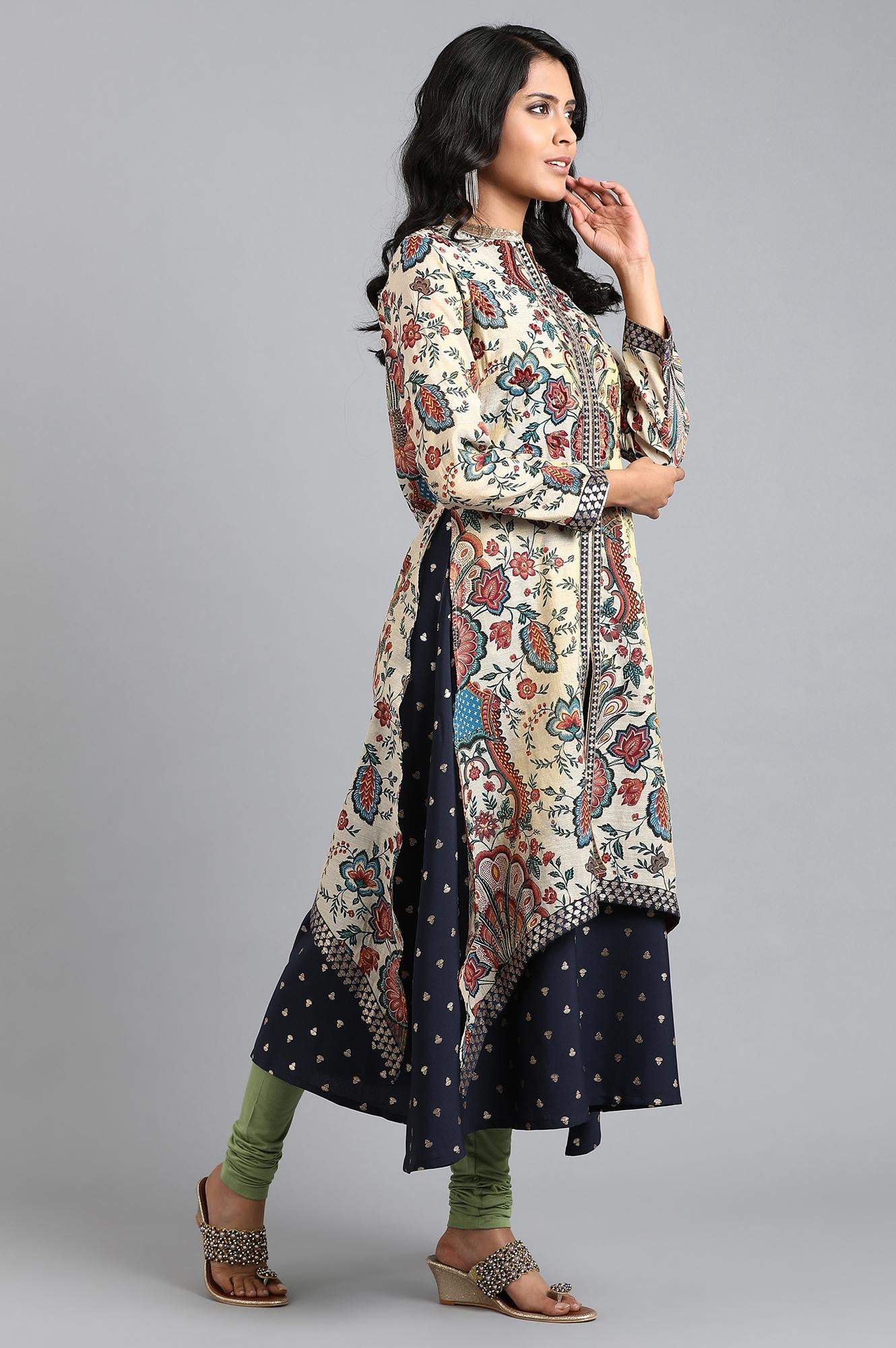 Off-White Mandarin Neck Printed kurta