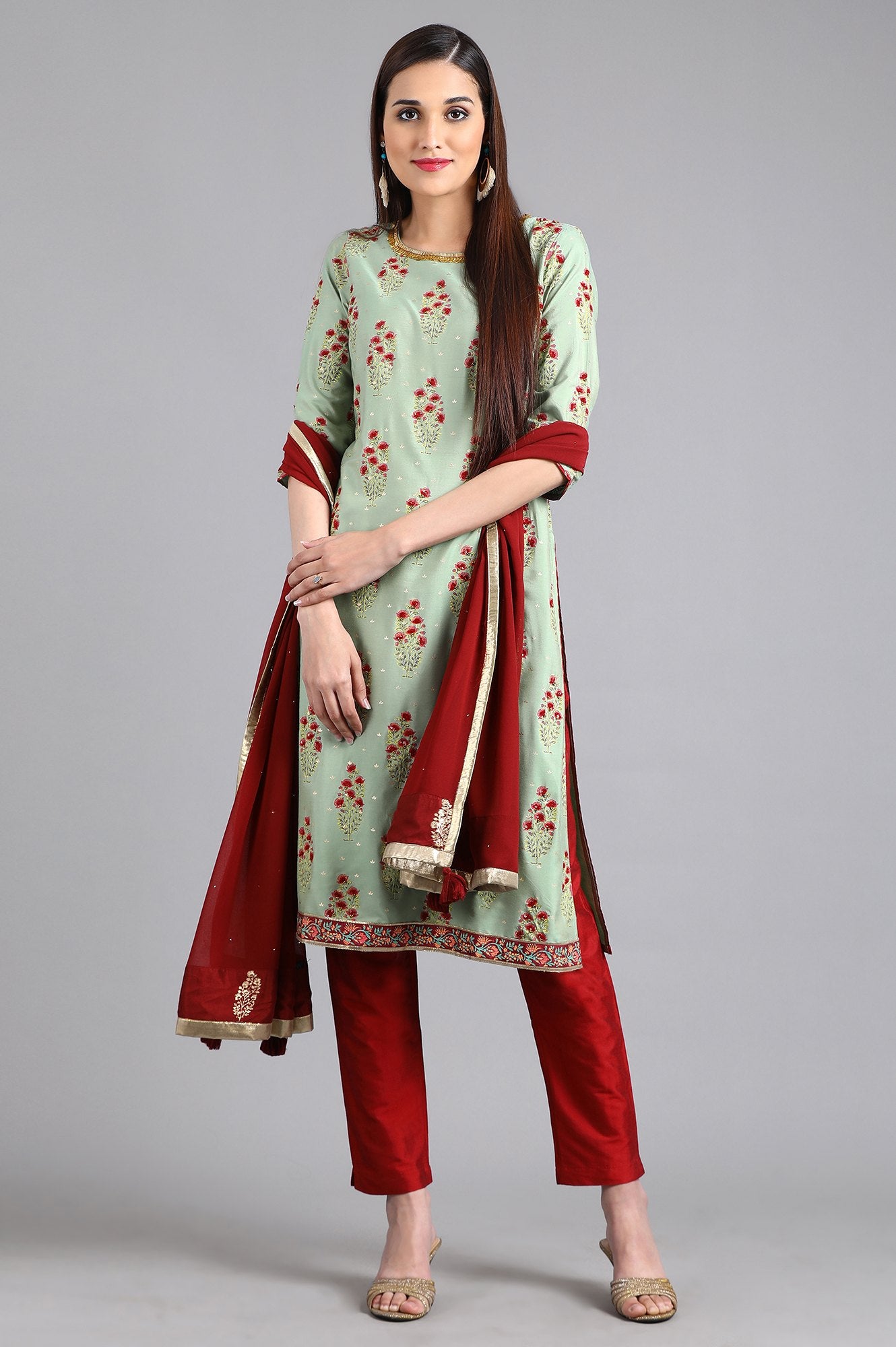 Green Round Neck Printed kurta