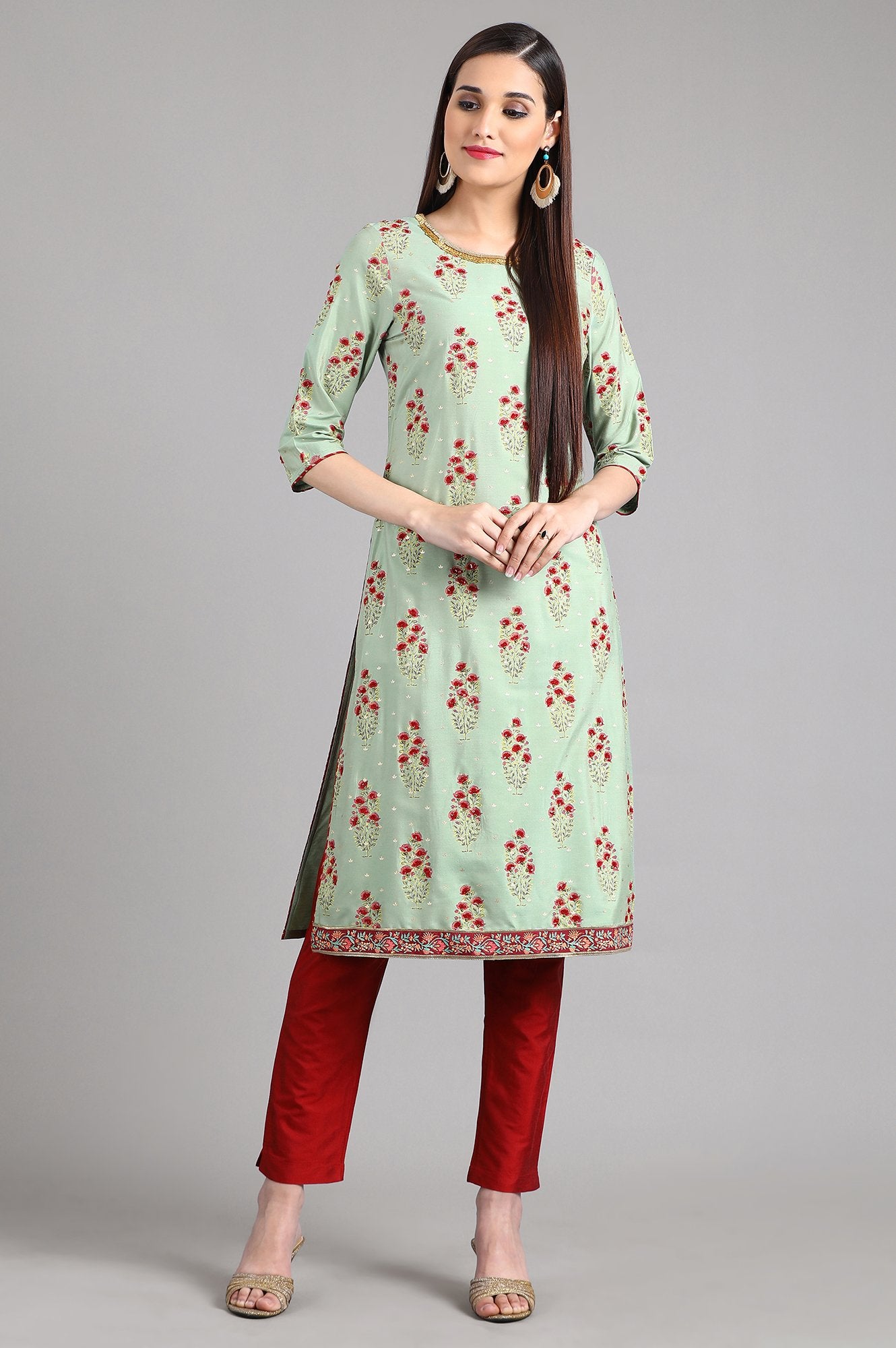 Green Round Neck Printed kurta