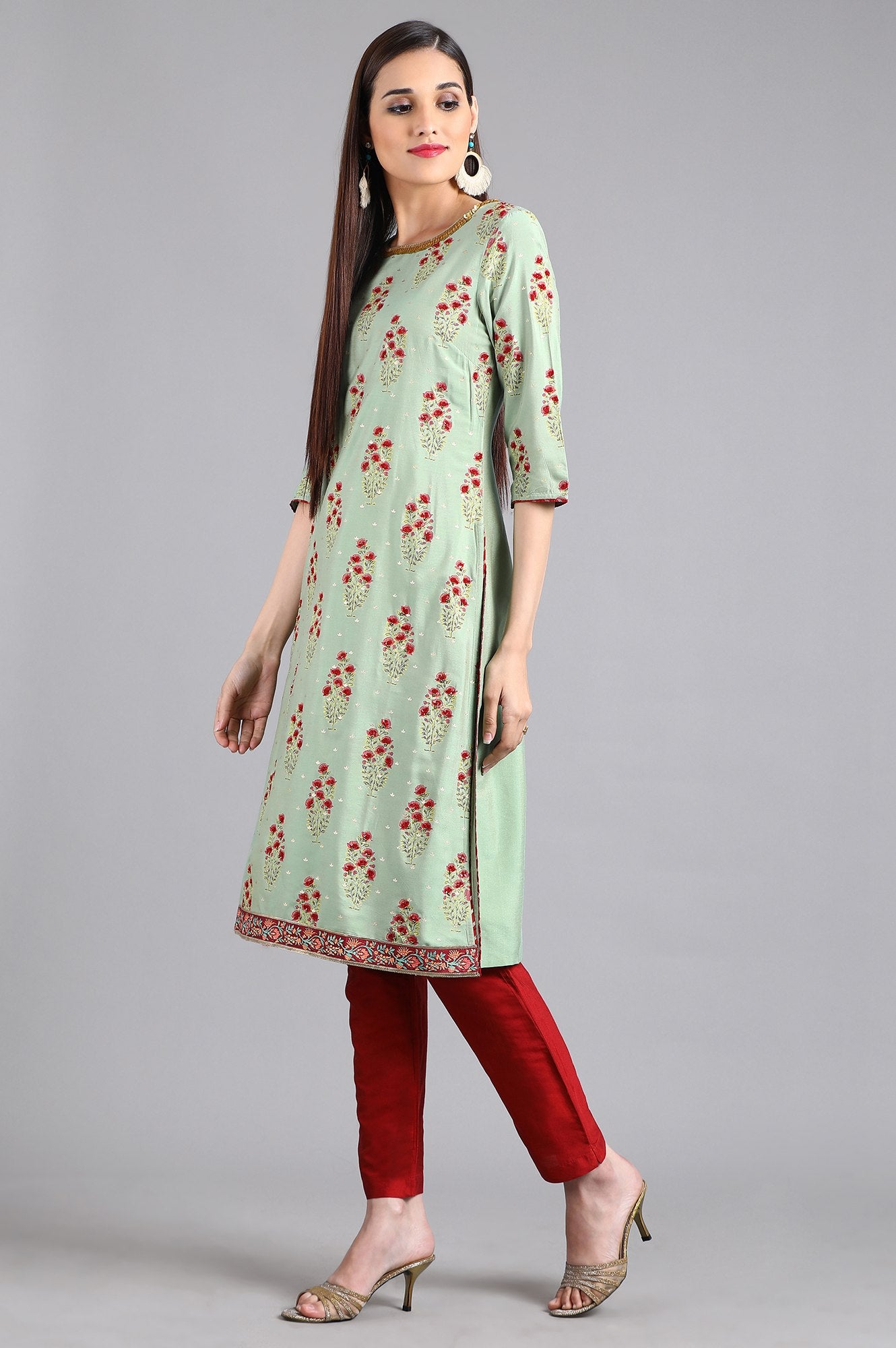 Green Round Neck Printed kurta