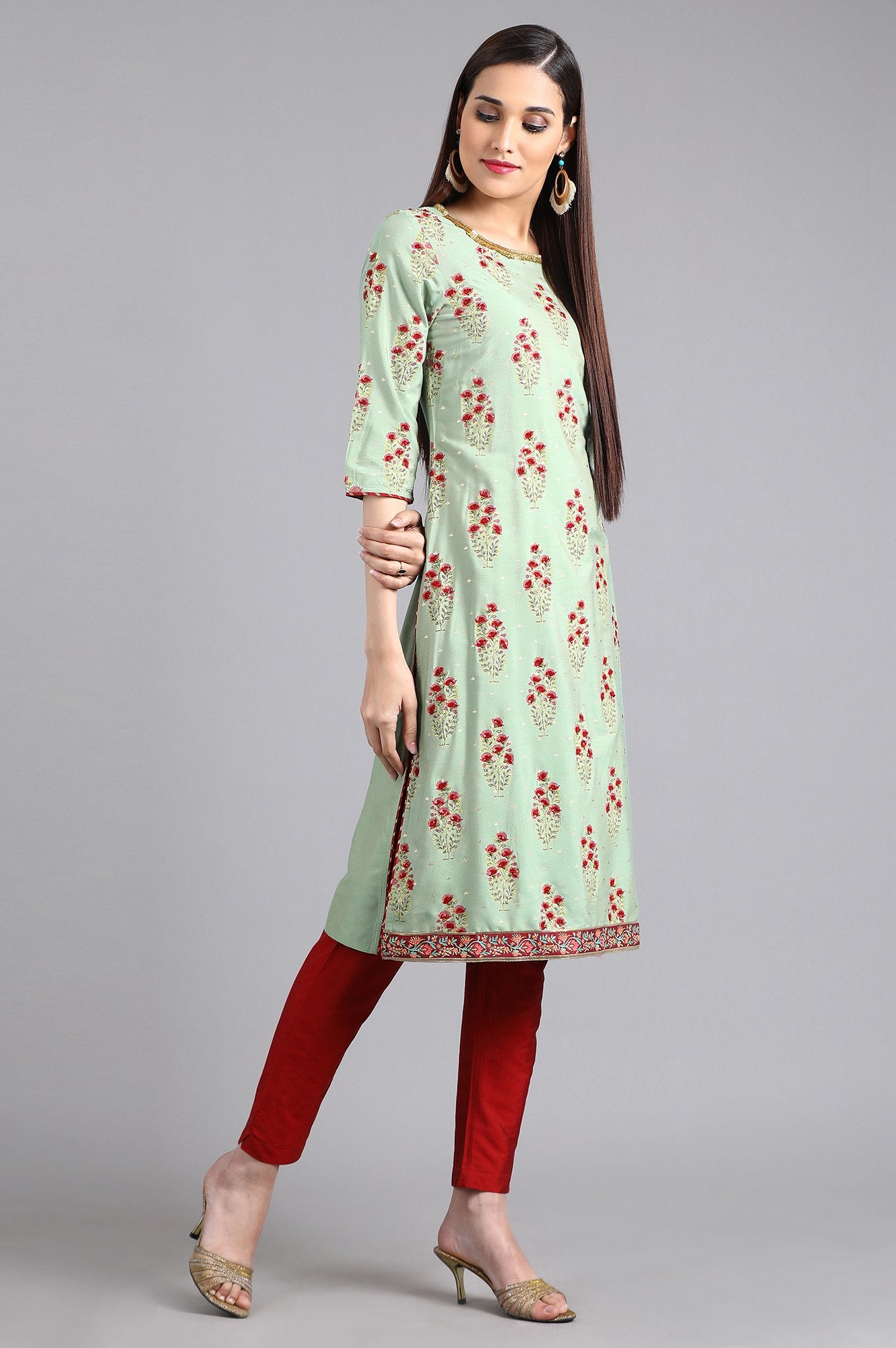 Green Round Neck Printed kurta