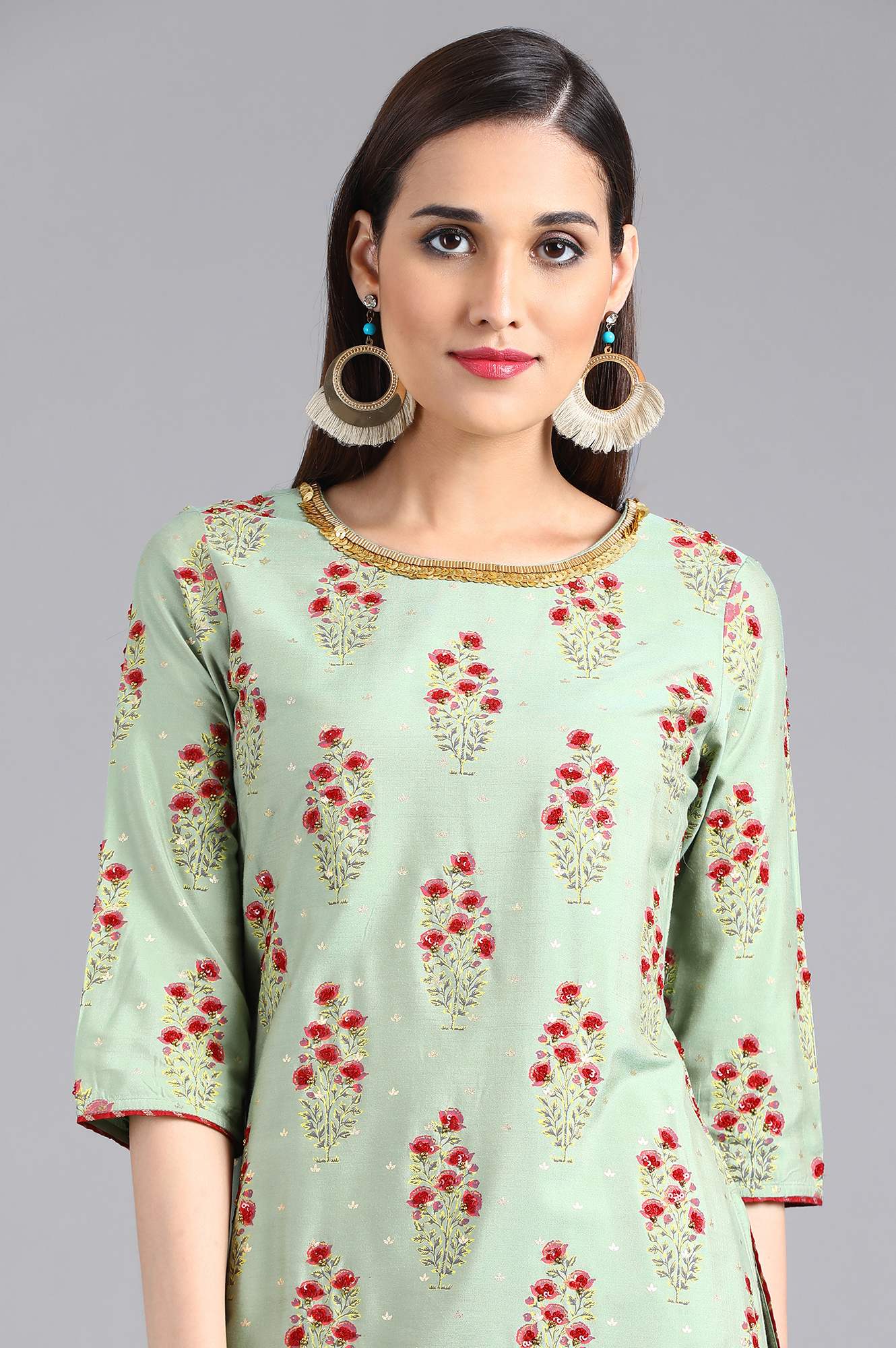 Green Round Neck Printed kurta