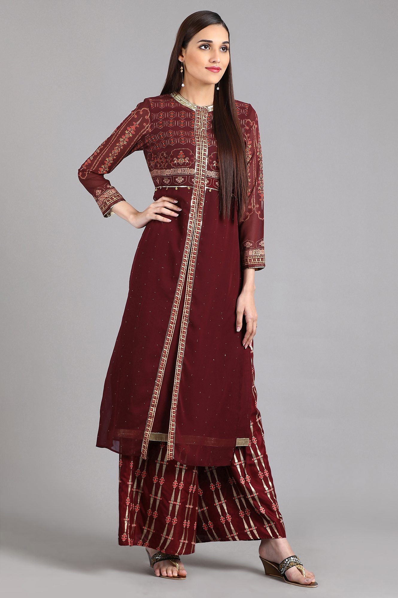 Wine Round Neck Printed kurta